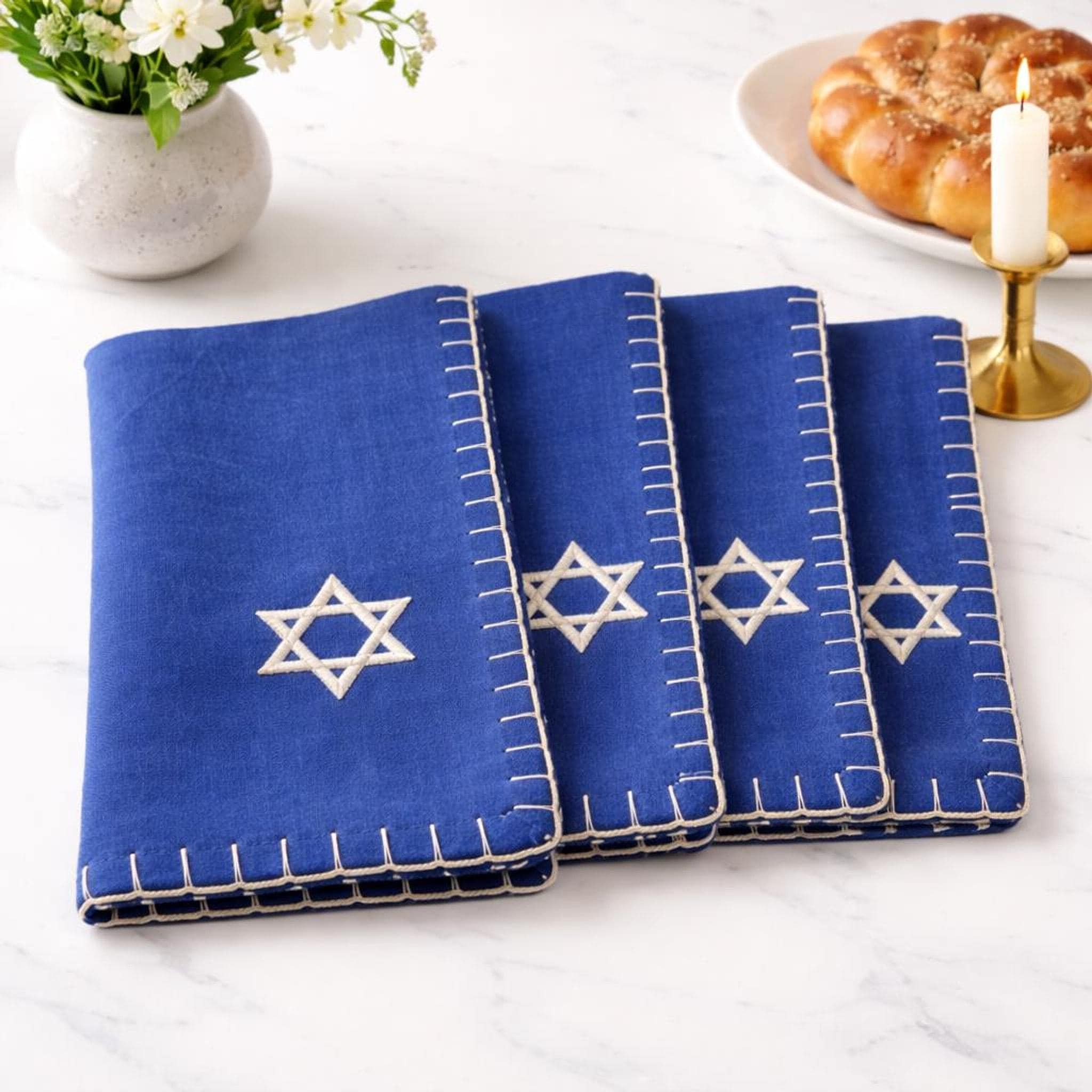Challah Cover Set of 4 Blue Star of David Embroidered Linen, view 2