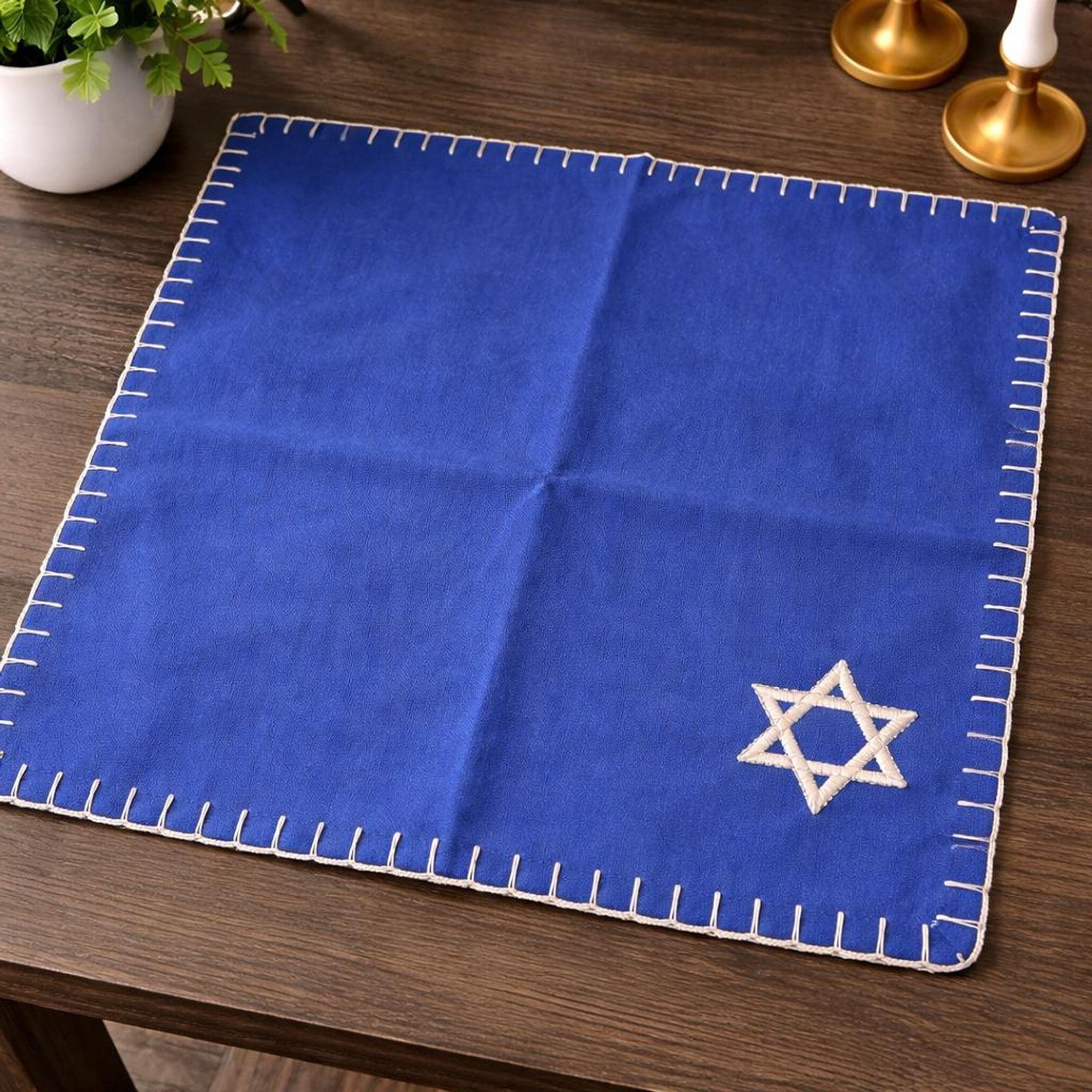 Challah Cover Set of 4 Blue Star of David Embroidered Linen, view 3