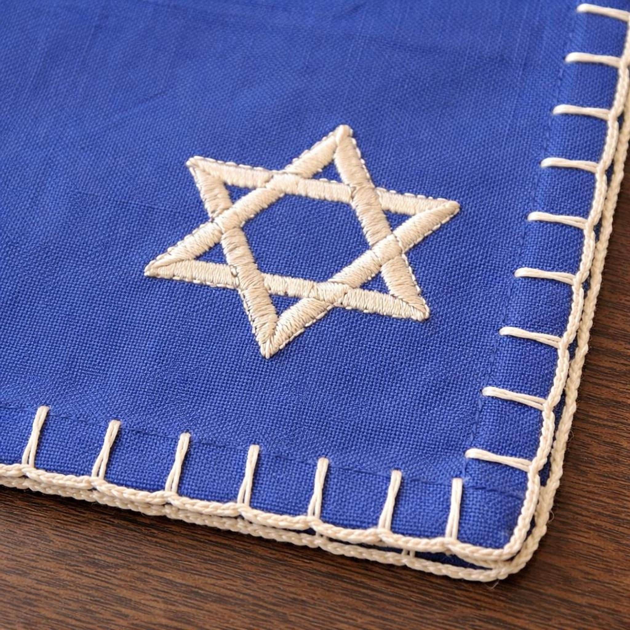 Challah Cover Set of 4 Blue Star of David Embroidered Linen, view 5