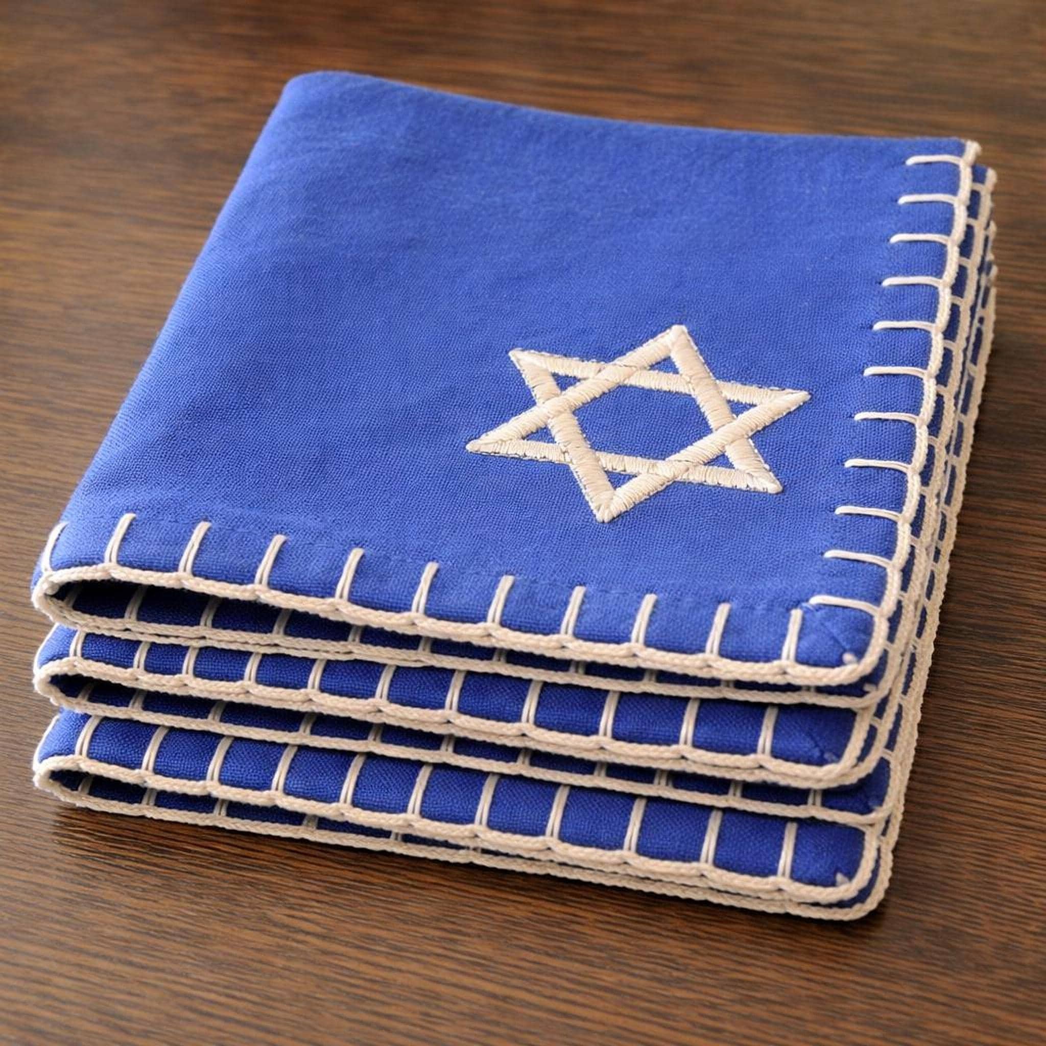 Challah Cover Set of 4 Blue Star of David Embroidered Linen, view 6