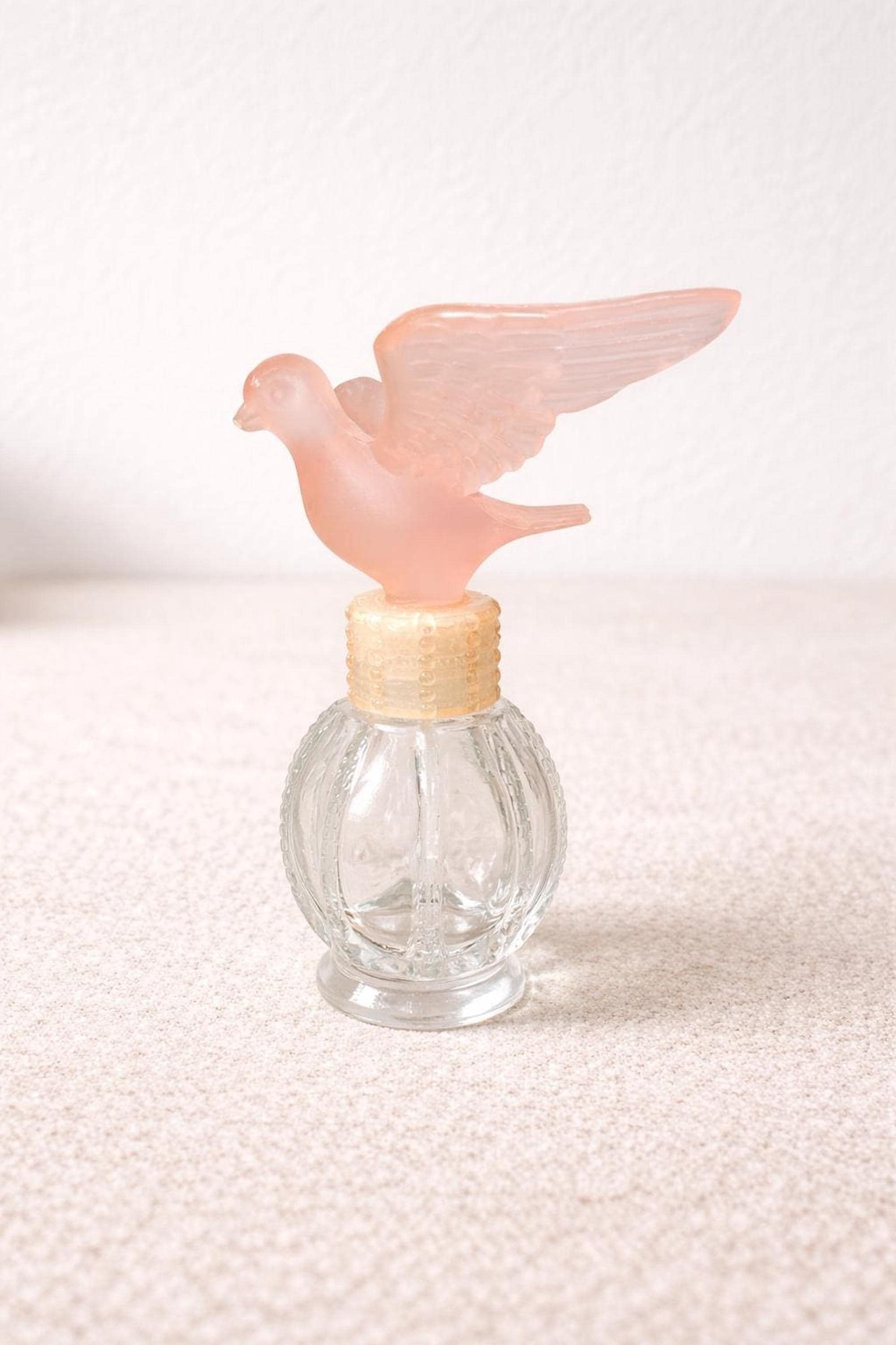 Vintage Pink Bird Perfume Bottle with Frosted Dove Stopper