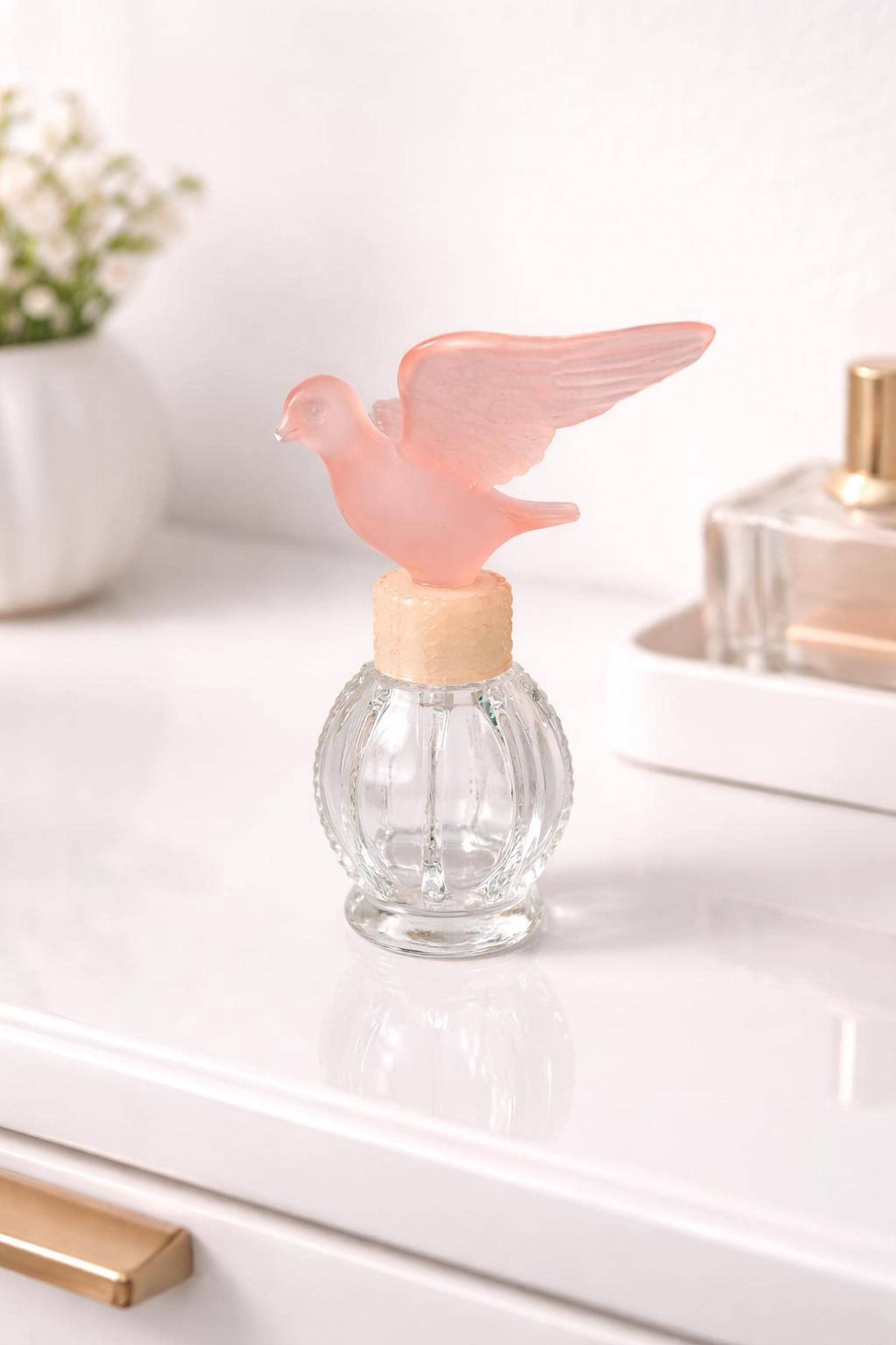 Vintage Pink Bird Perfume Bottle with Frosted Dove Stopper, view 2