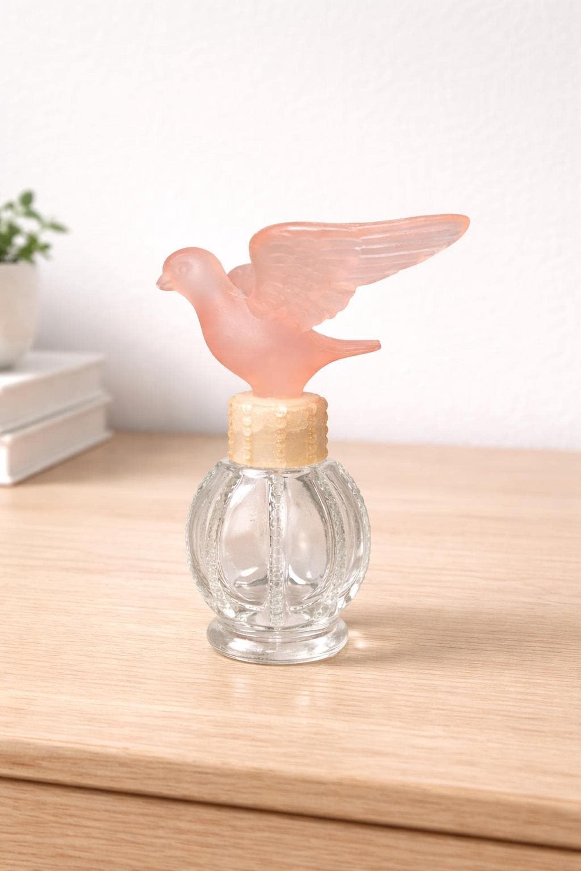 Vintage Pink Bird Perfume Bottle with Frosted Dove Stopper, view 3