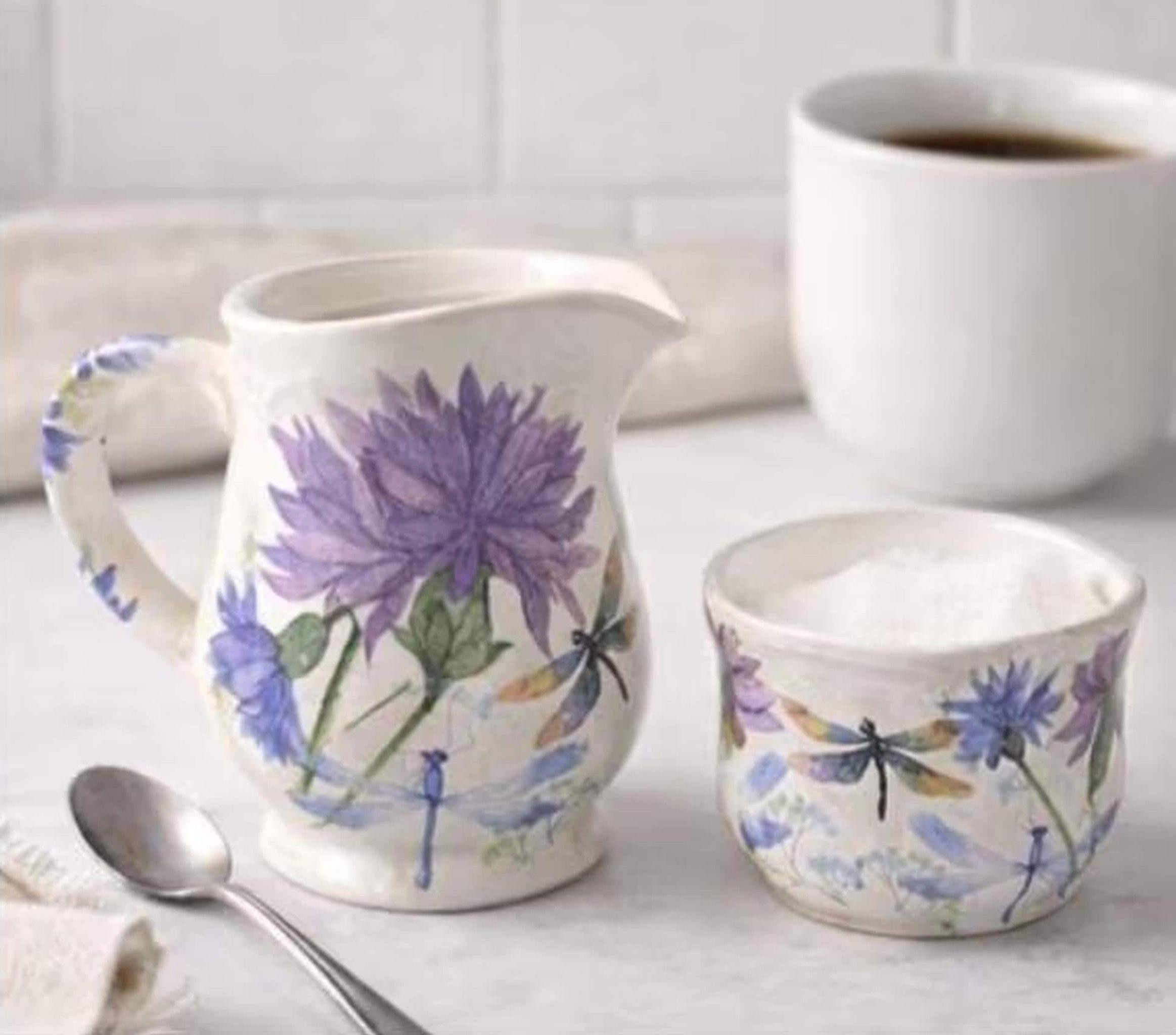 Vintage Creamer and Sugar Bowl Set, Floral Ceramic with Purple Flowers
