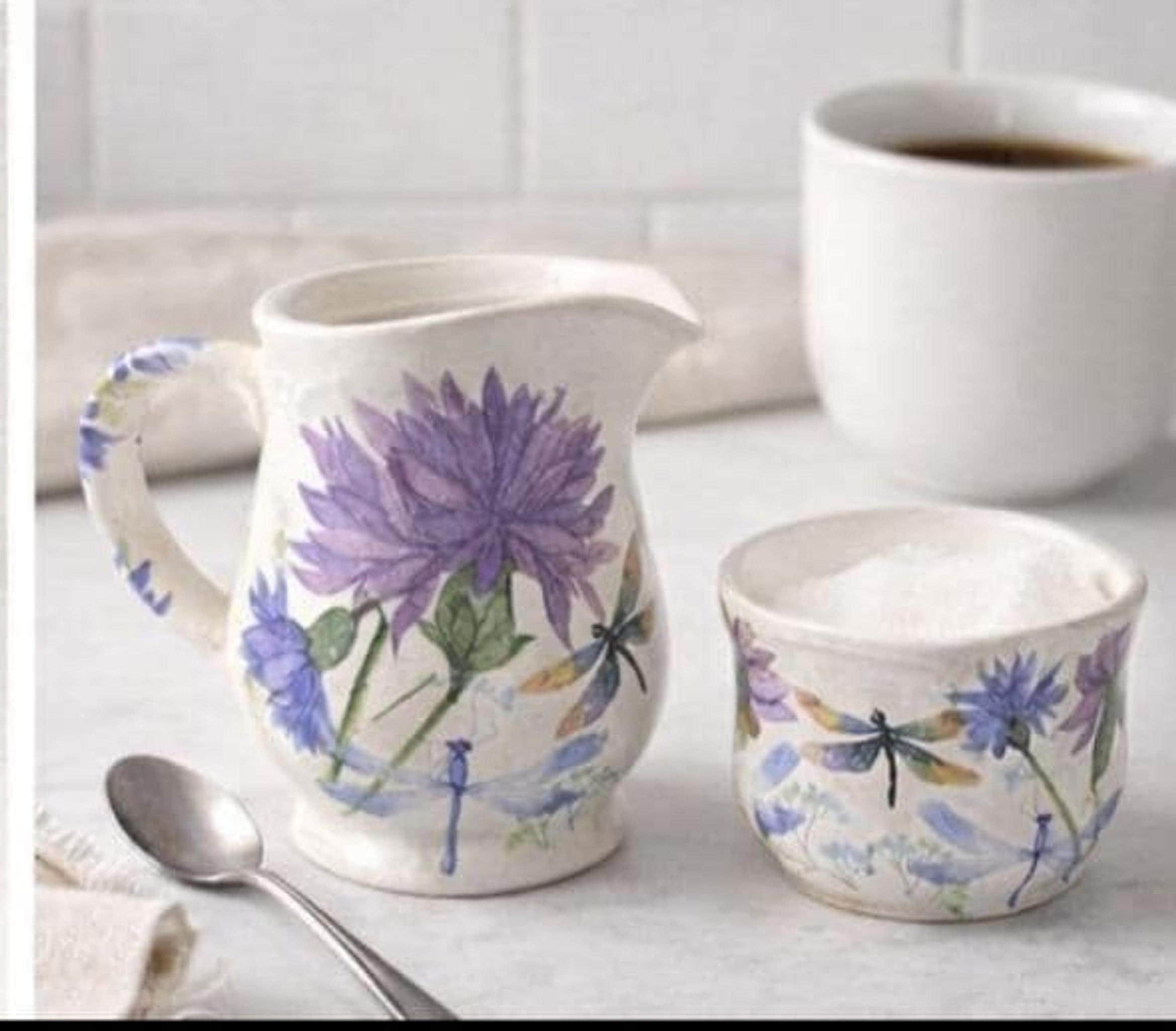Vintage Creamer and Sugar Bowl Set, Floral Ceramic with Purple Flowers, view 2
