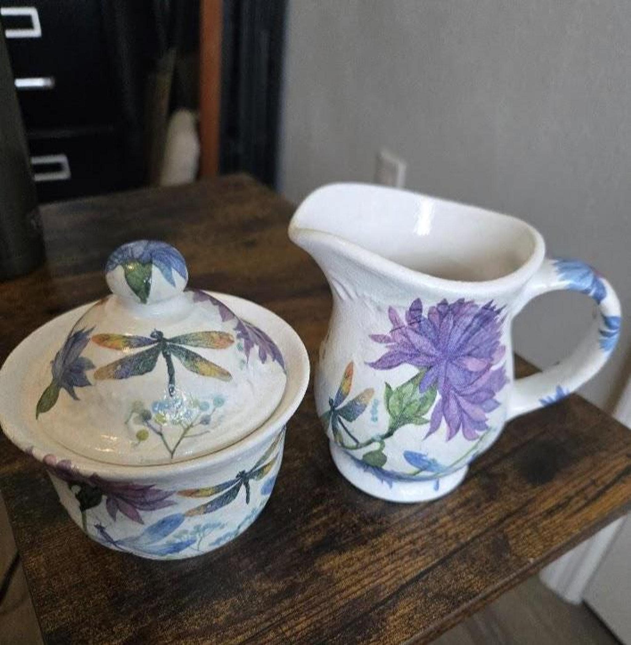 Vintage Creamer and Sugar Bowl Set, Floral Ceramic with Purple Flowers, view 3