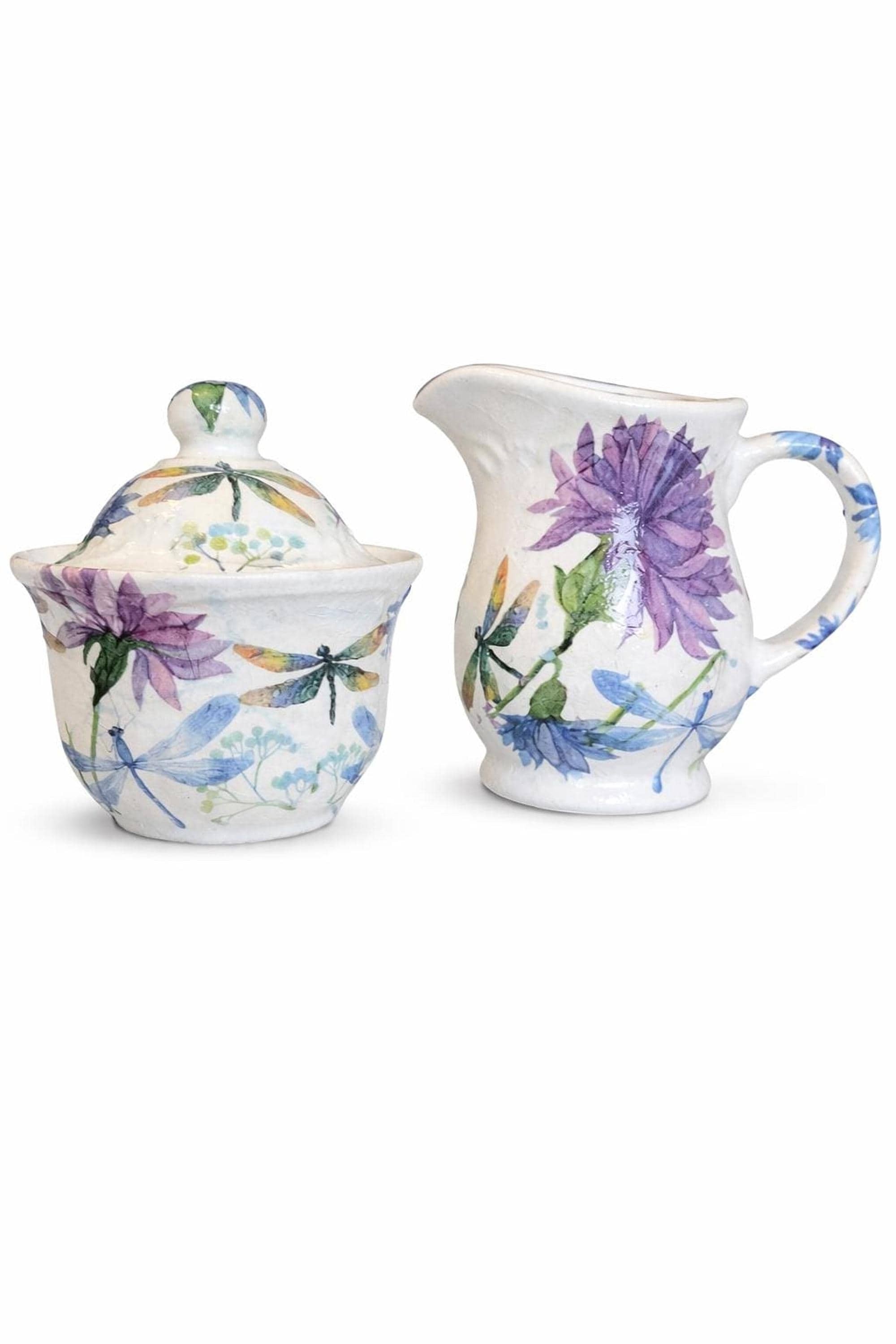 Vintage Creamer and Sugar Bowl Set, Floral Ceramic with Purple Flowers, view 4