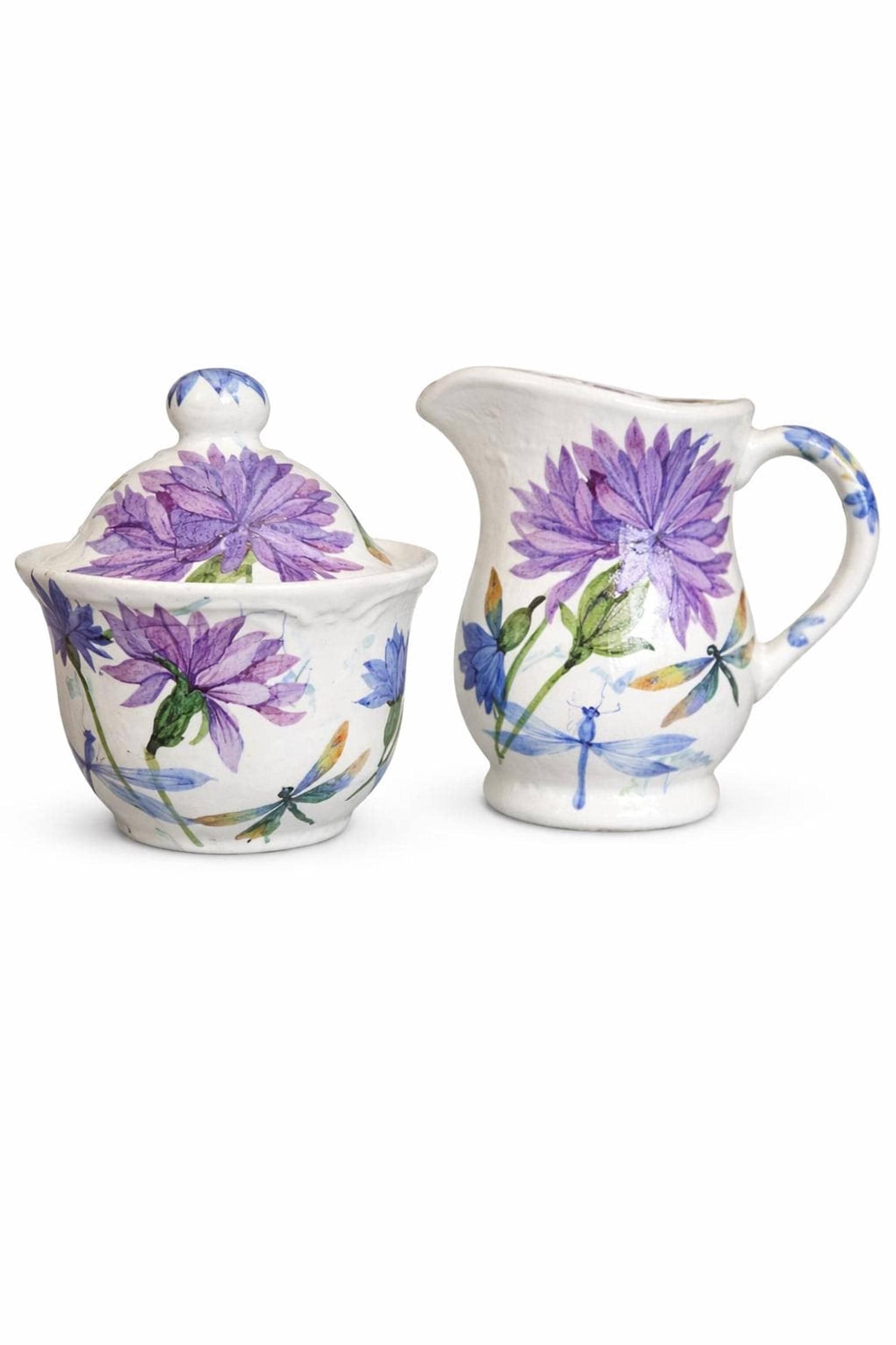 Vintage Creamer and Sugar Bowl Set, Floral Ceramic with Purple Flowers, view 6