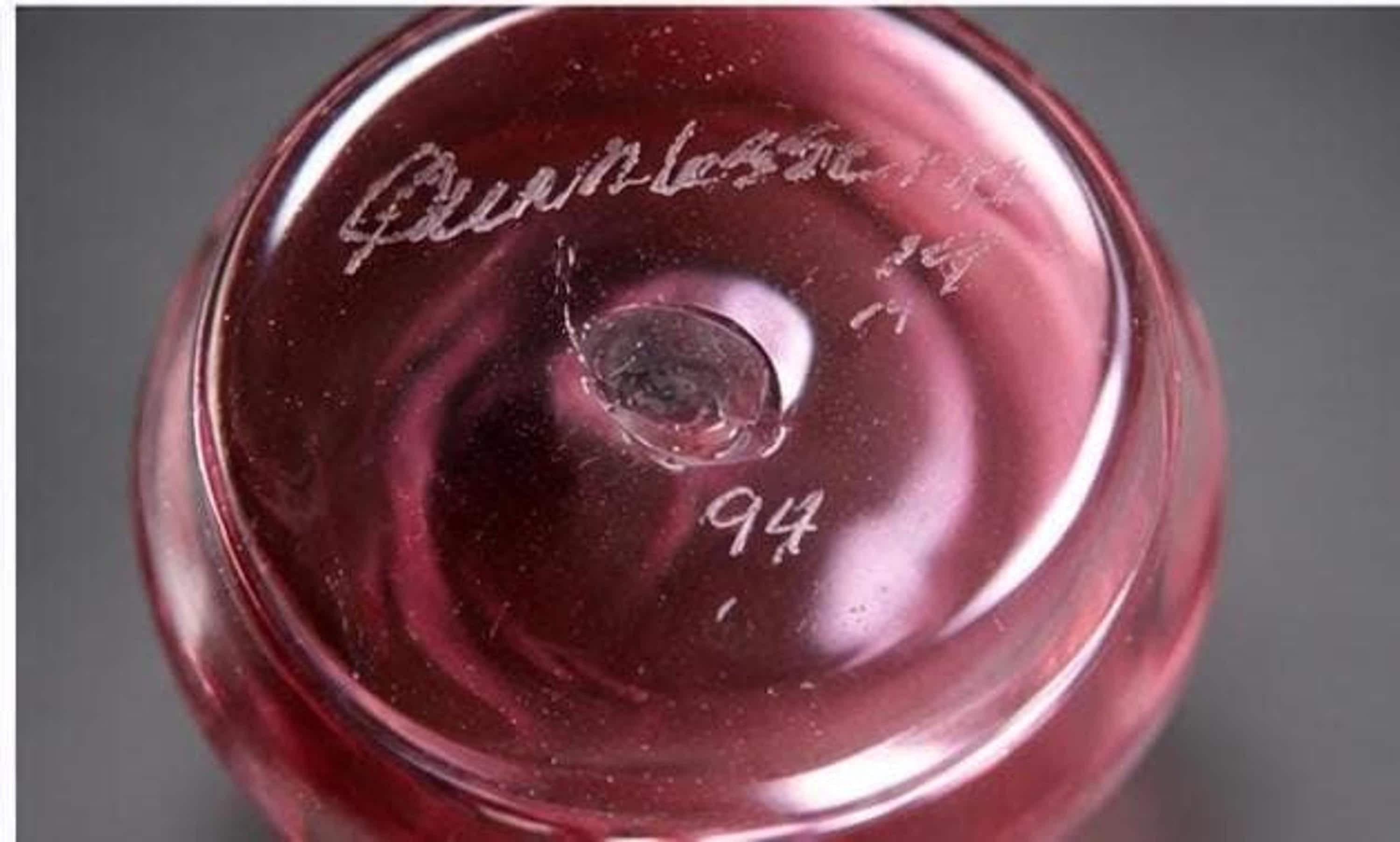 Cranberry Pink Perfume Bottle, Signed Art Glass from the 1970s, view 4