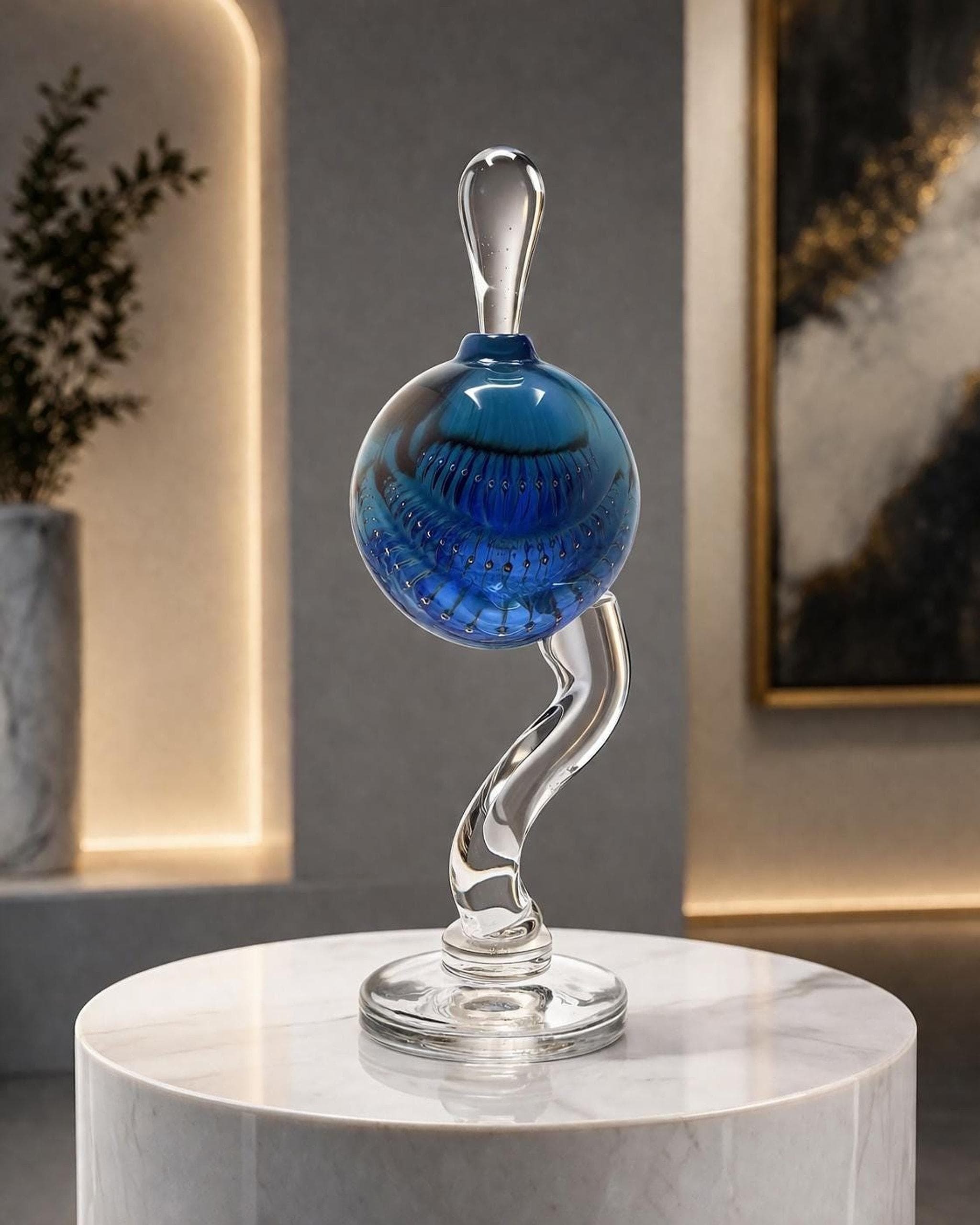 Vintage Blue Perfume Bottle, Hand Blown Glass with Twisted Stem Design