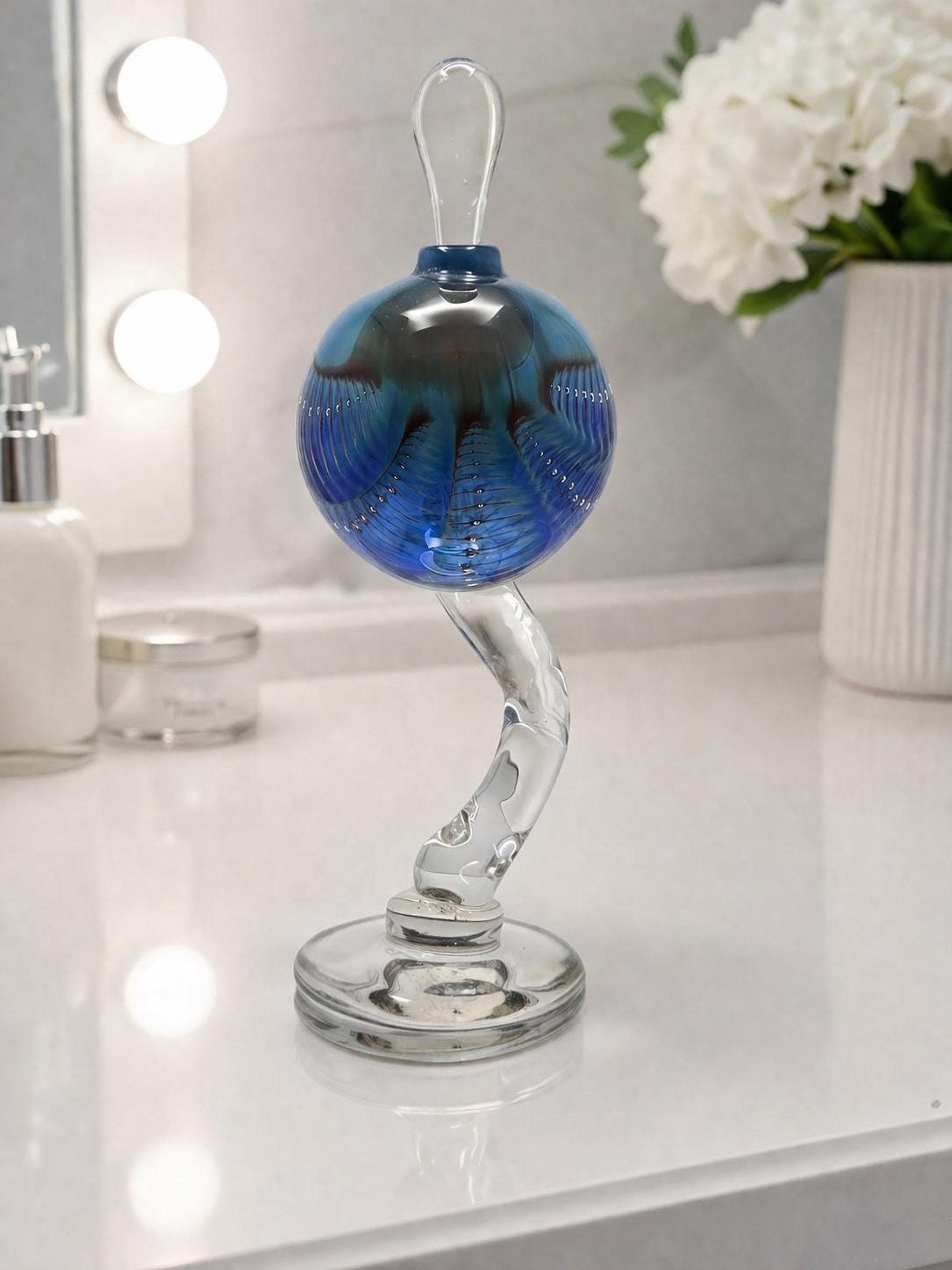 Vintage Blue Perfume Bottle, Hand Blown Glass with Twisted Stem Design, view 2