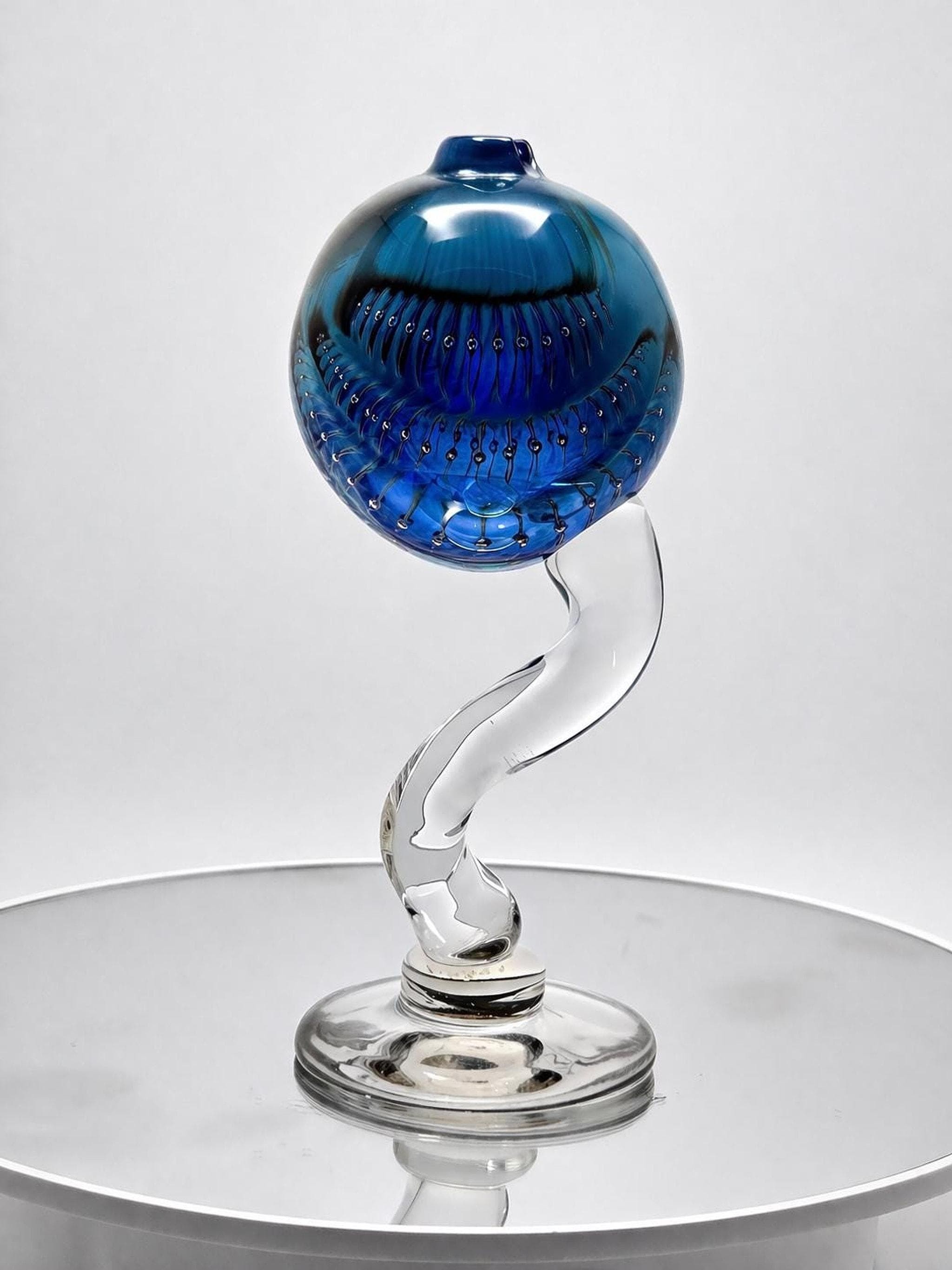 Vintage Blue Perfume Bottle, Hand Blown Glass with Twisted Stem Design, view 3