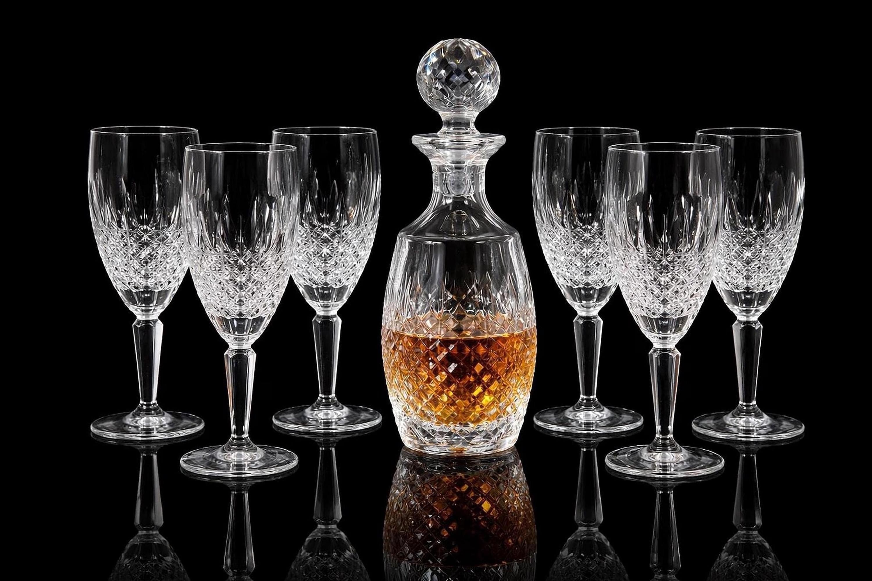 Waterford Crystal Colleen Decanter Set with 6 Champagne Flutes, Vintage Irish Cut Crystal Barware, Signed , Wedding Anniversary Gift
