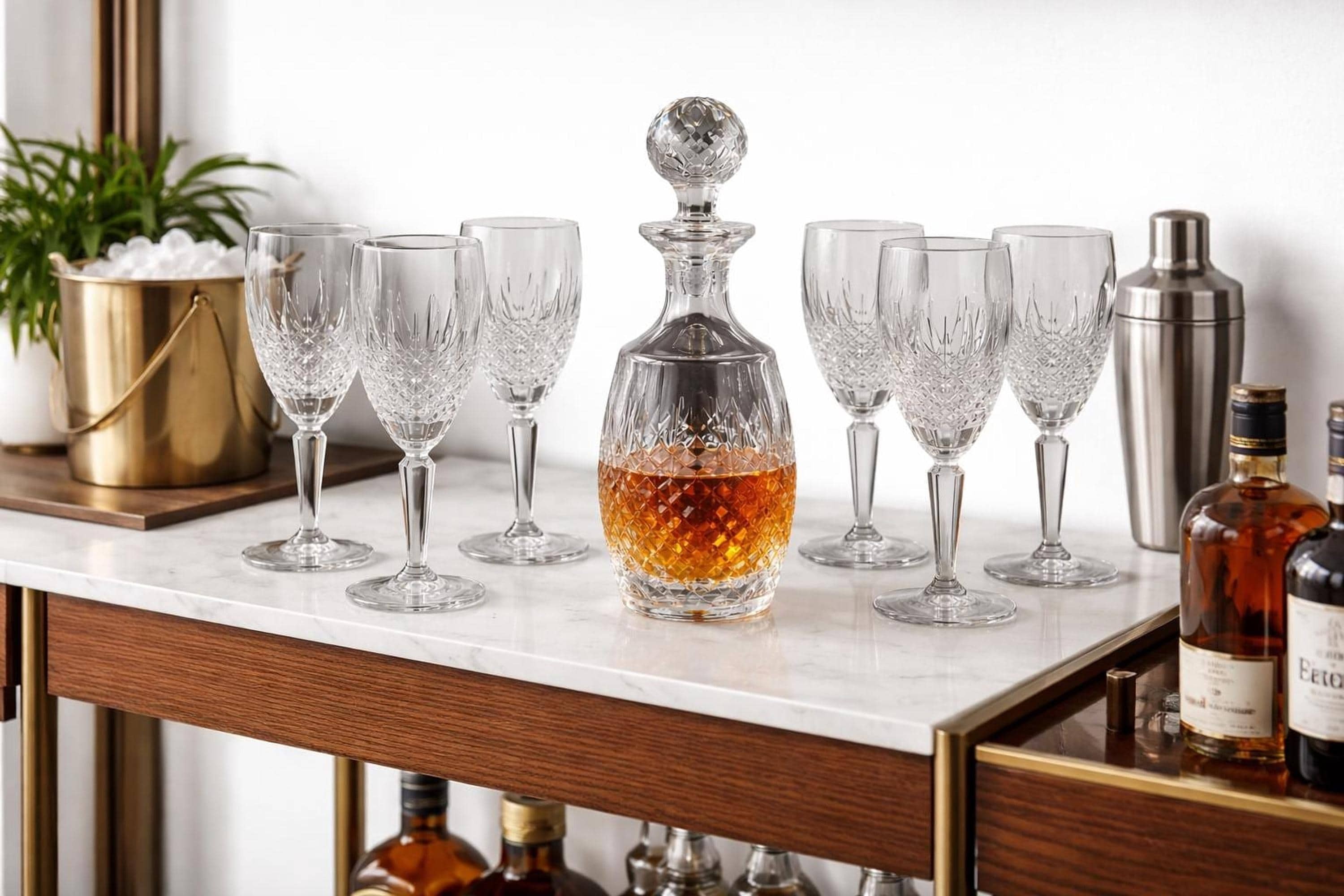 Waterford Crystal Colleen Decanter Set with 6 Champagne Flutes, Vintage Irish Cut Crystal Barware, Signed , Wedding Anniversary Gift, view 5