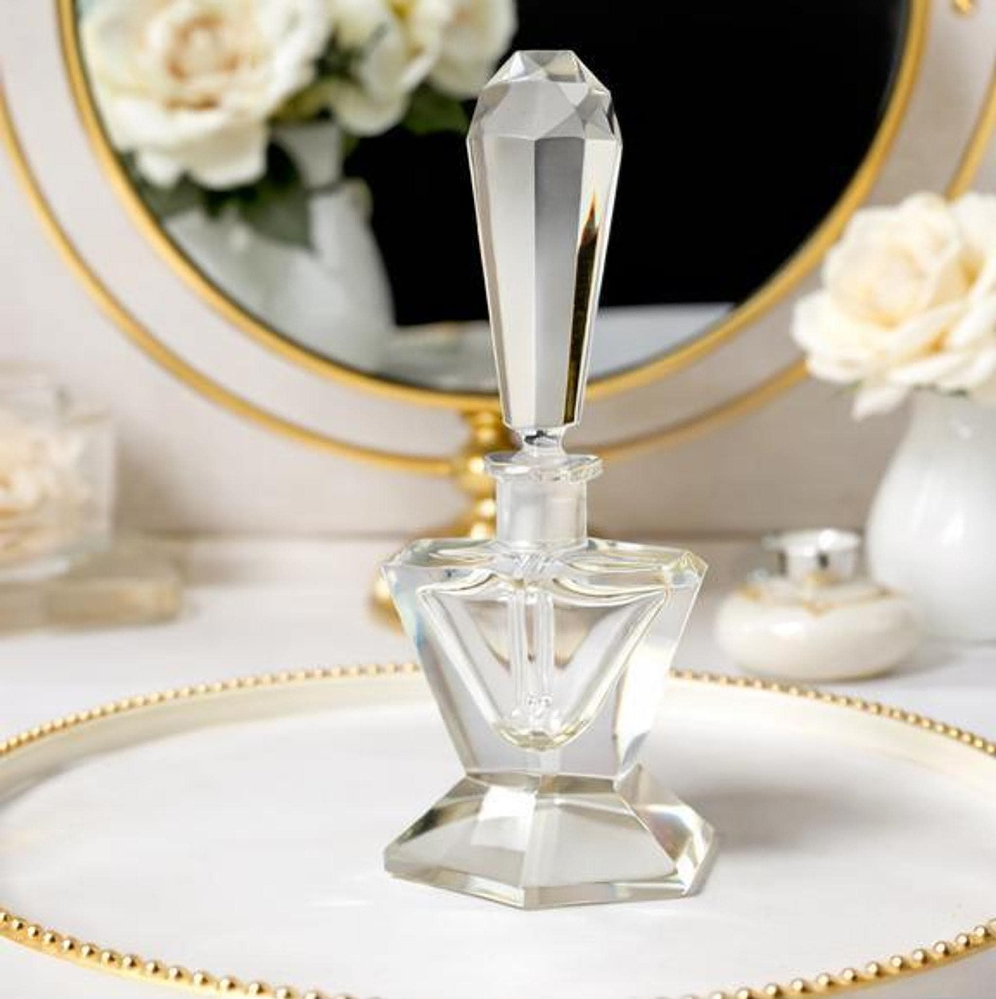 Art Deco Perfume Bottle, Cut Crystal with Faceted Dauber Stopper
