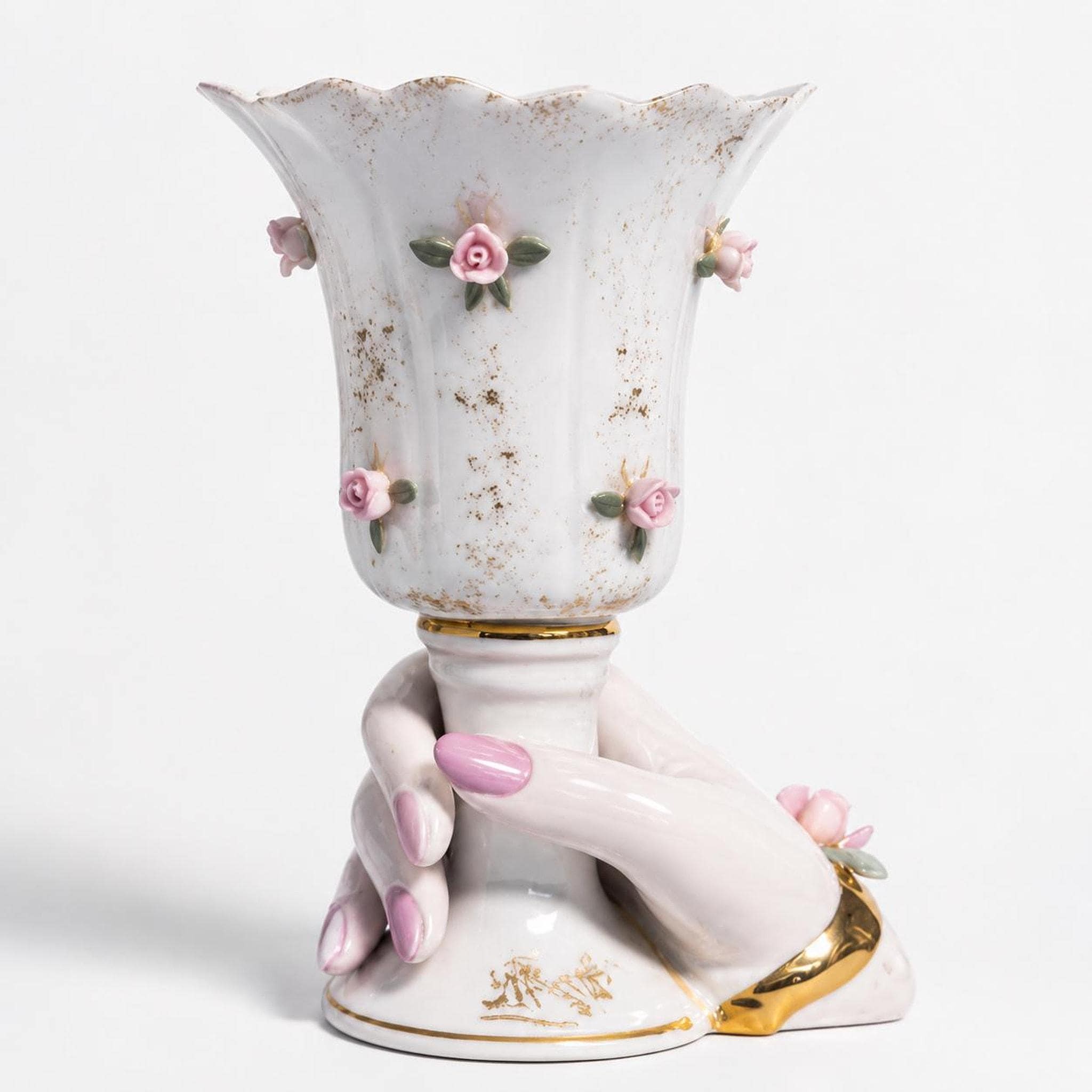 Vintage Hand Vase: Porcelain Ladies Planter with Pink Roses