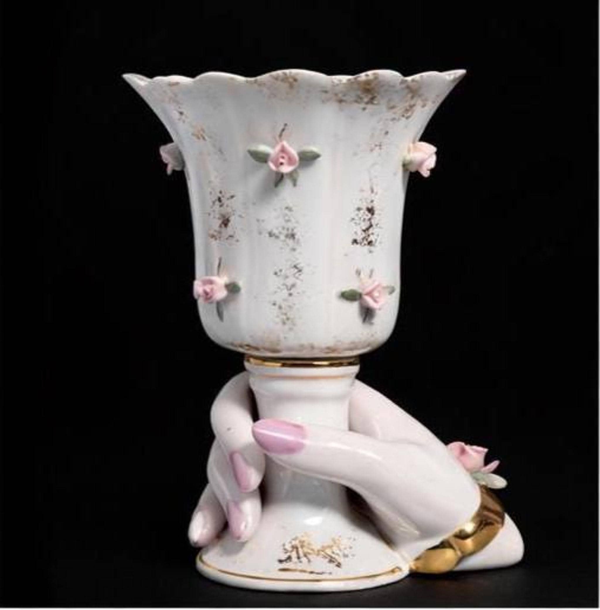 Vintage Hand Vase: Porcelain Ladies Planter with Pink Roses, view 2