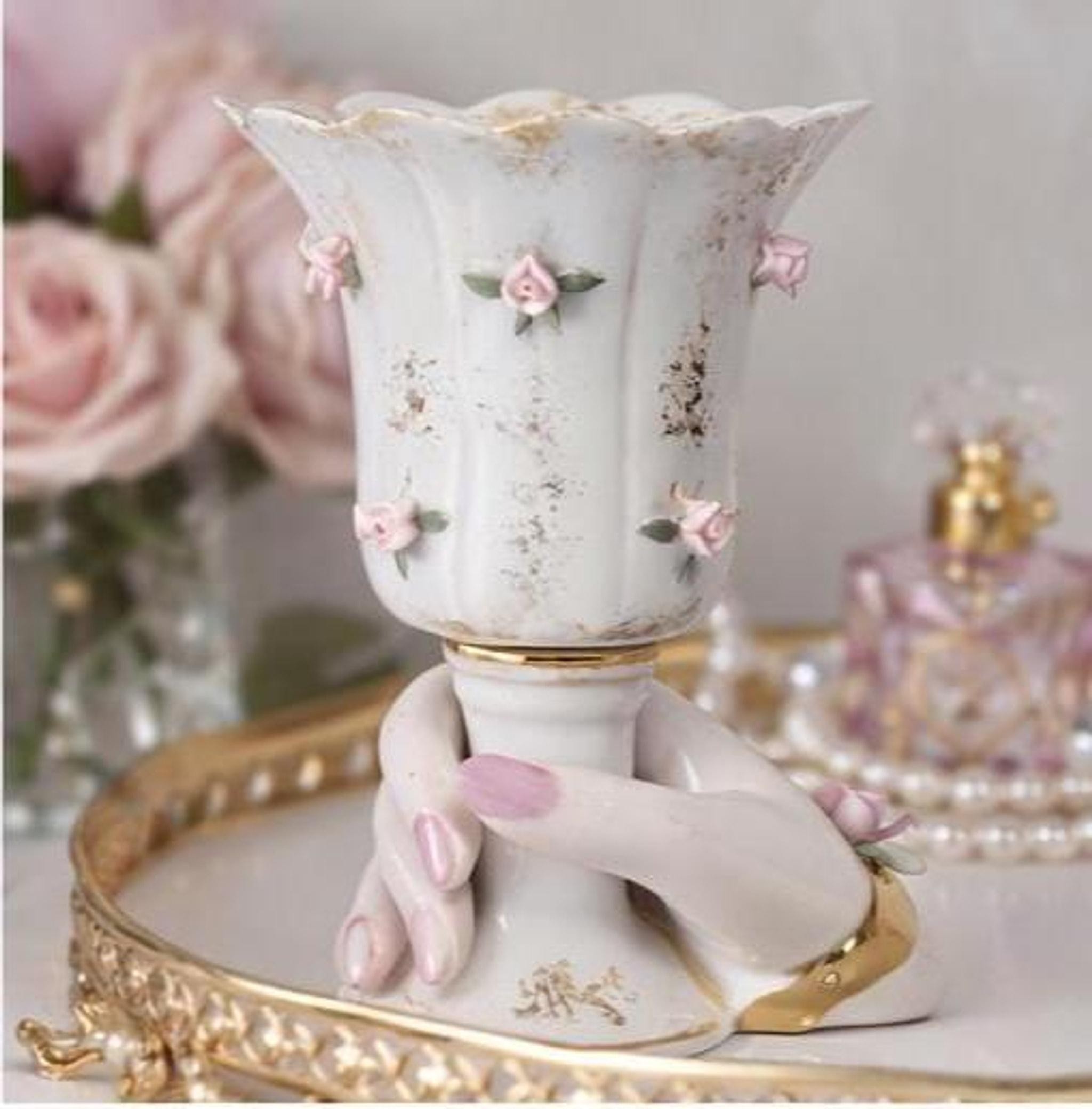 Vintage Hand Vase: Porcelain Ladies Planter with Pink Roses, view 3
