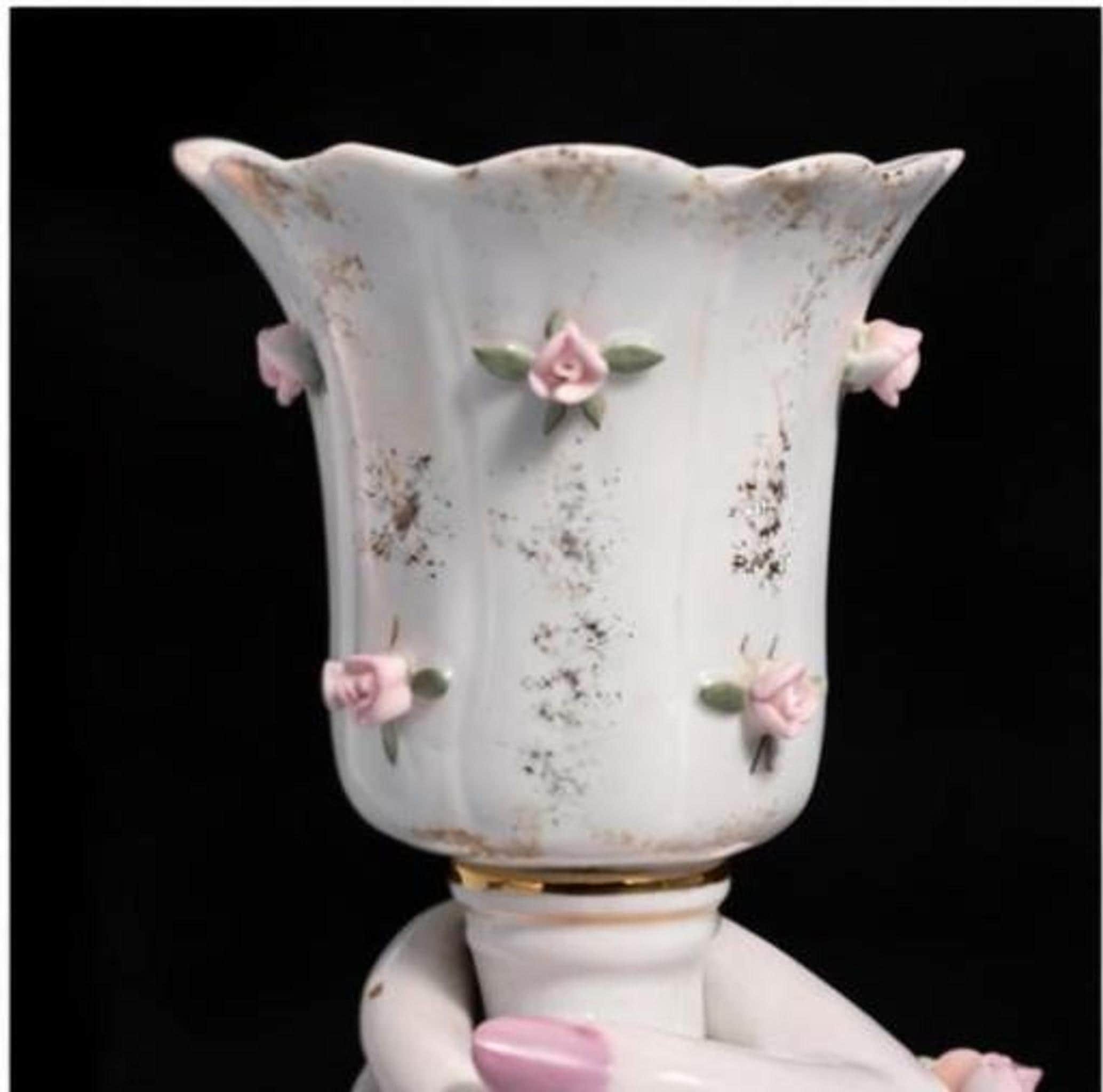 Vintage Hand Vase: Porcelain Ladies Planter with Pink Roses, view 5