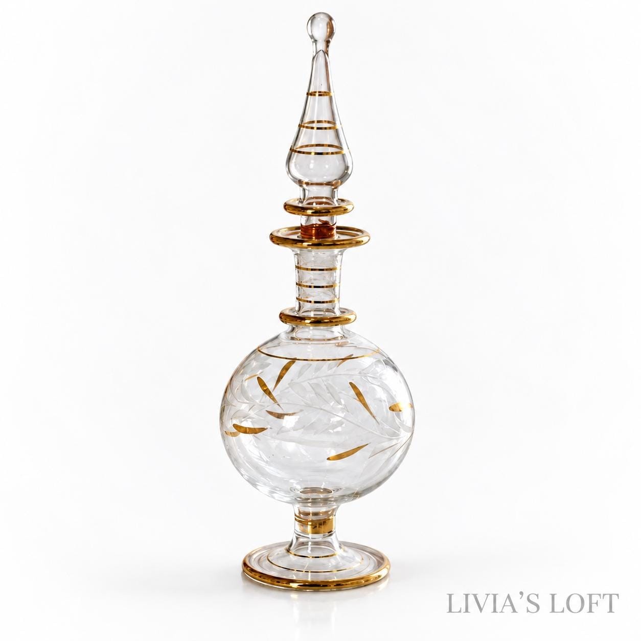 Egyptian Perfume Bottle, Gold Leaf Hand Blown Glass Decanter, Tall Teardrop Stopper, Vintage Style Vanity