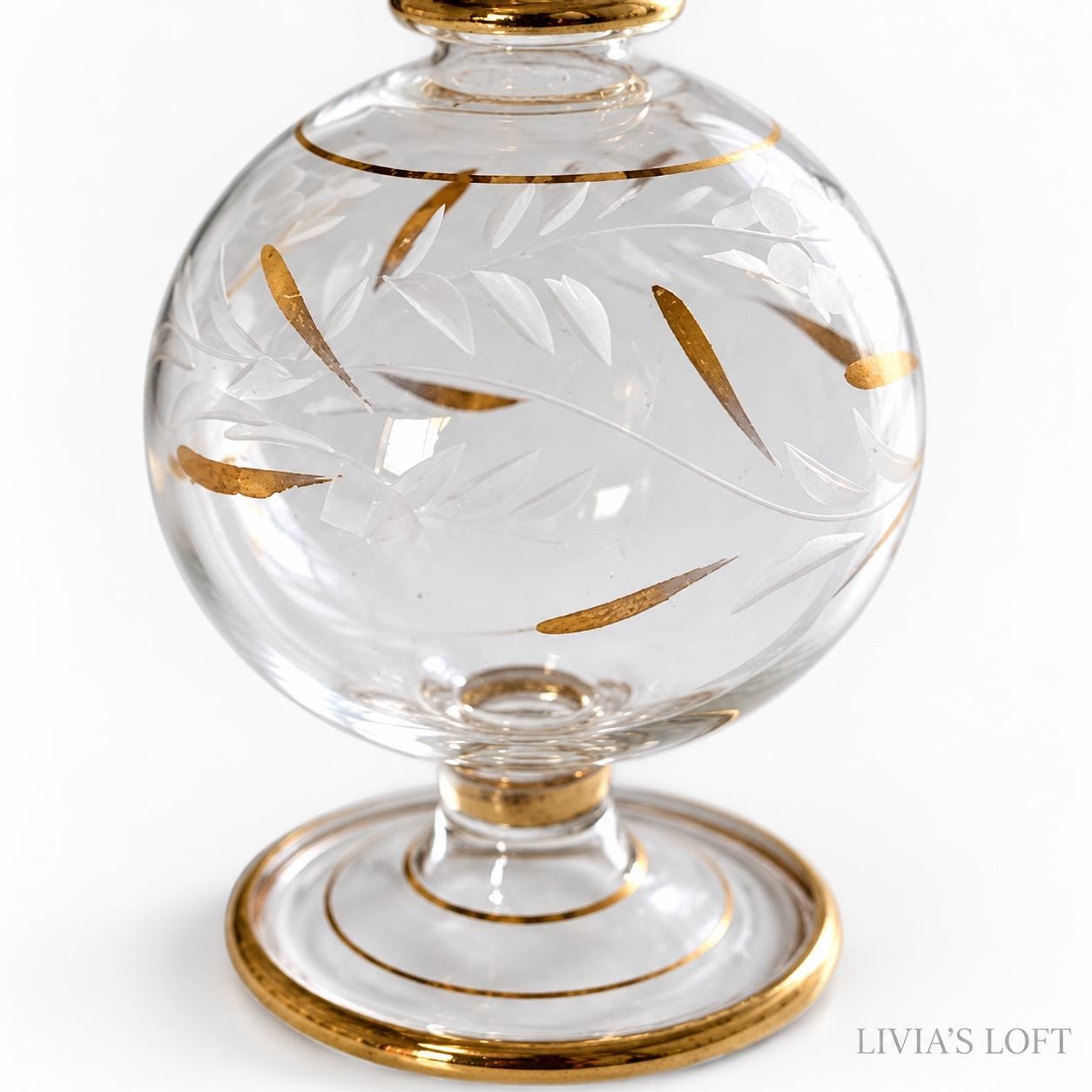 Egyptian Perfume Bottle, Gold Leaf Hand Blown Glass Decanter, Tall Teardrop Stopper, Vintage Style Vanity, view 2