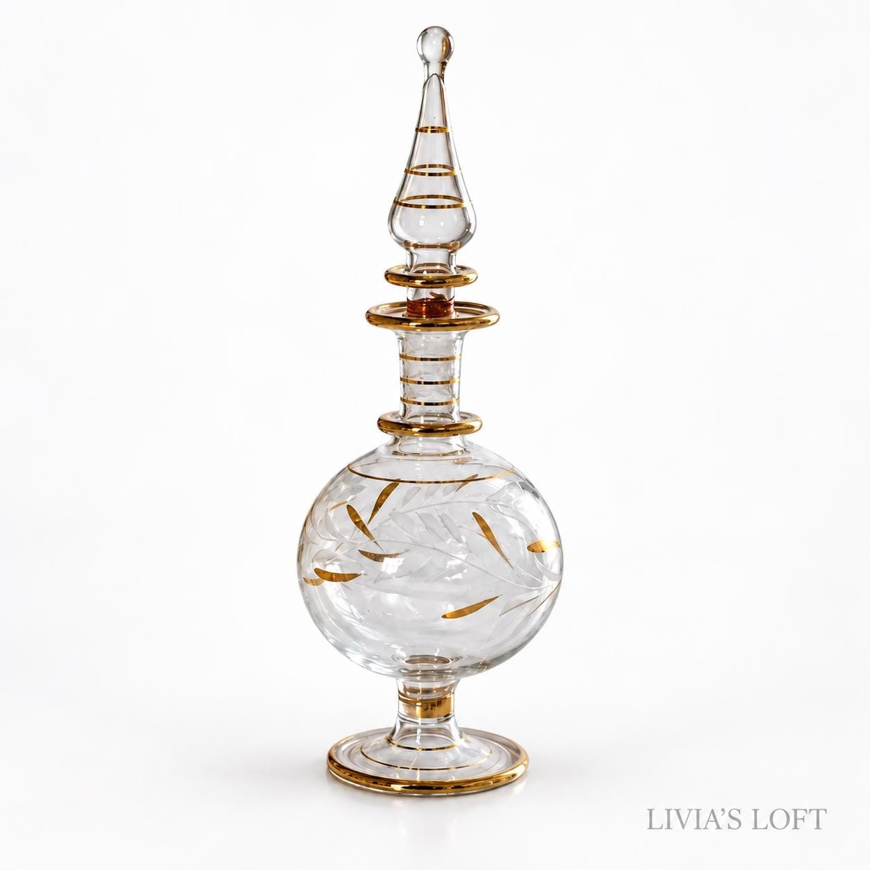 Egyptian Perfume Bottle, Gold Leaf Hand Blown Glass Decanter, Tall Teardrop Stopper, Vintage Style Vanity, view 4