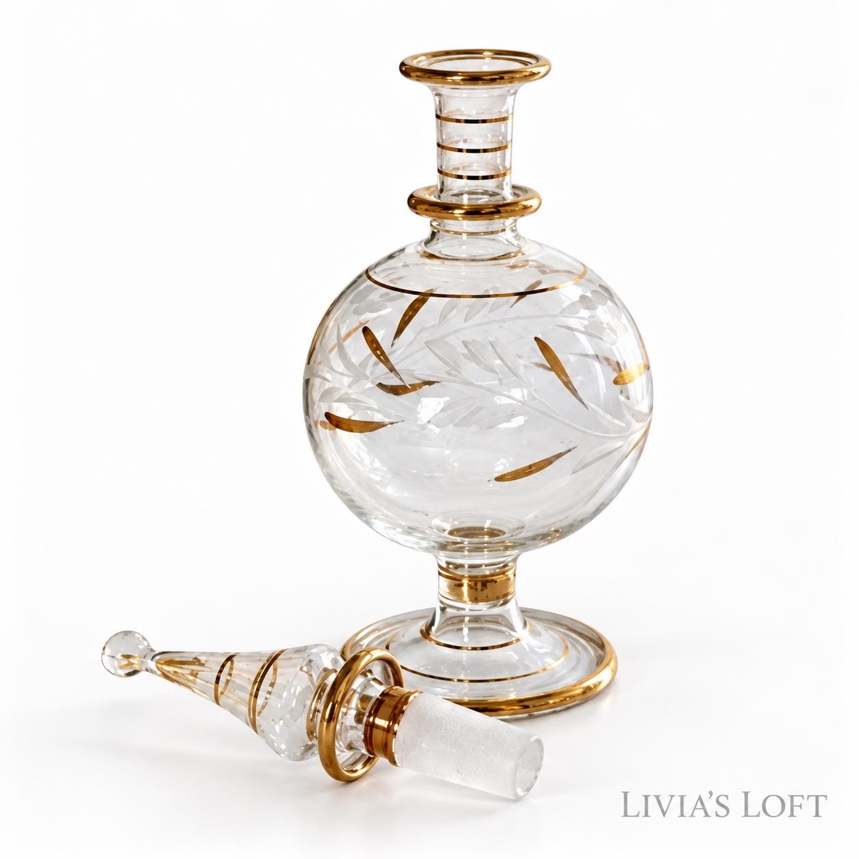 Egyptian Perfume Bottle, Gold Leaf Hand Blown Glass Decanter, Tall Teardrop Stopper, Vintage Style Vanity, view 5