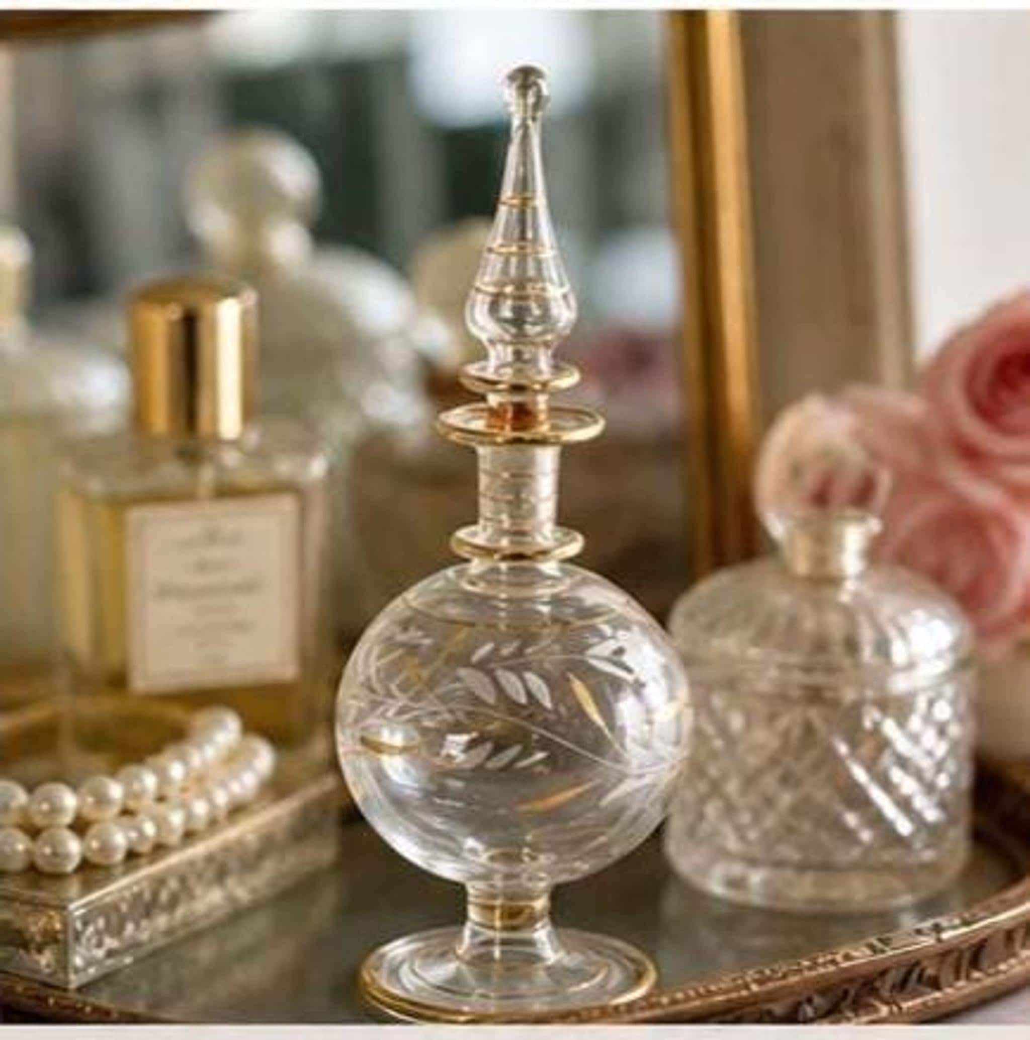 Egyptian Perfume Bottle, Gold Leaf Hand Blown Glass Decanter, Tall Teardrop Stopper, Vintage Style Vanity, view 7