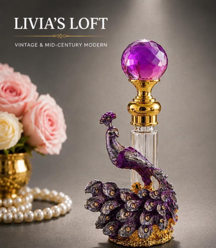Purple Peacock Perfume Bottle, Jeweled Crystal Decanter, Enamel Rhinestone Empty Bottle, Vanity Decor Gift, Vintage Style Boho Home Decor