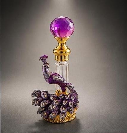 Purple Peacock Perfume Bottle, Jeweled Crystal Decanter, Enamel Rhinestone Empty Bottle, Vanity Decor Gift, Vintage Style Boho Home Decor, view 3
