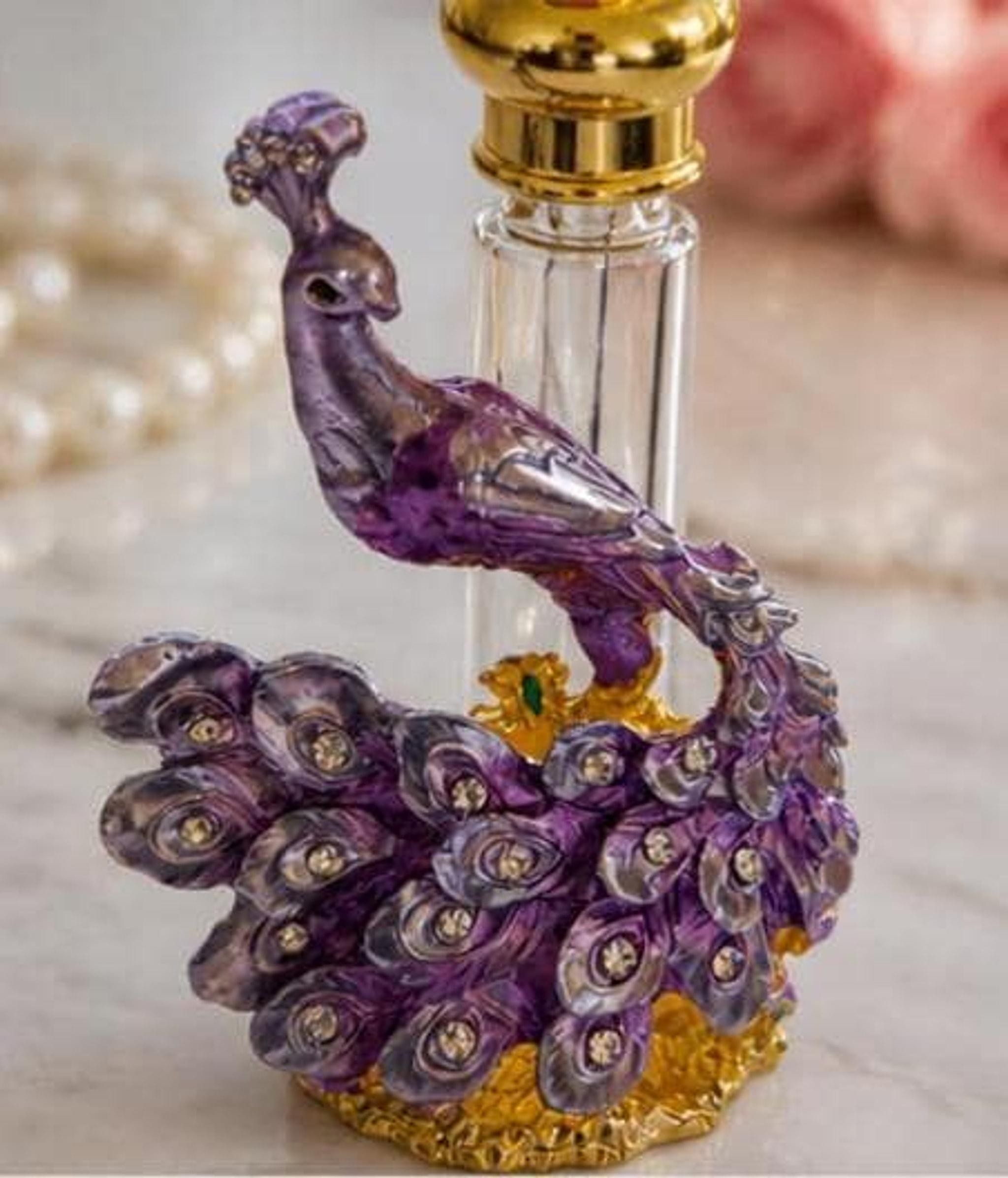 Purple Peacock Perfume Bottle, Jeweled Crystal Decanter, Enamel Rhinestone Empty Bottle, Vanity Decor Gift, Vintage Style Boho Home Decor, view 4