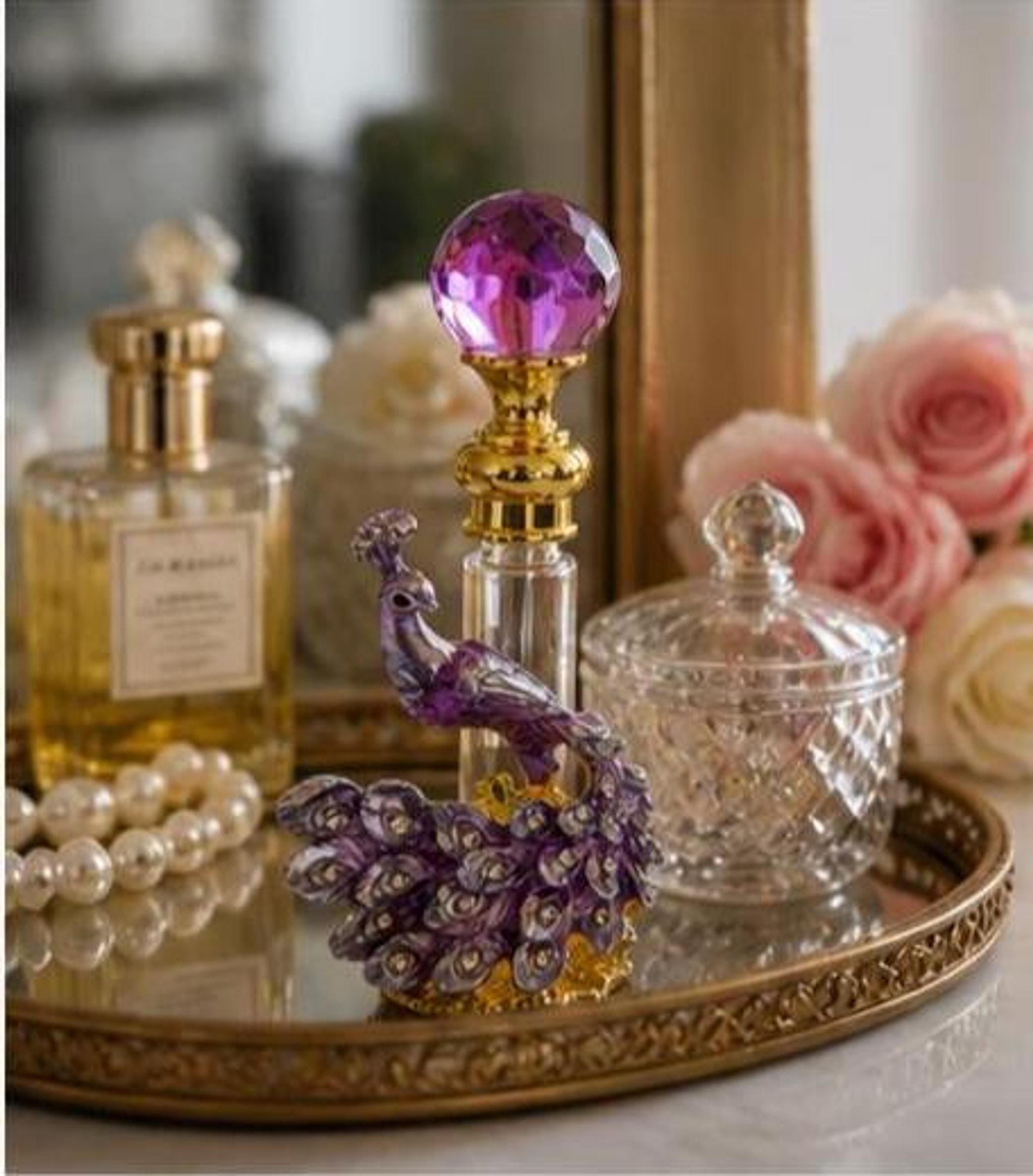 Purple Peacock Perfume Bottle, Jeweled Crystal Decanter, Enamel Rhinestone Empty Bottle, Vanity Decor Gift, Vintage Style Boho Home Decor, view 5