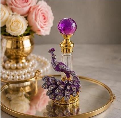 Purple Peacock Perfume Bottle, Jeweled Crystal Decanter, Enamel Rhinestone Empty Bottle, Vanity Decor Gift, Vintage Style Boho Home Decor, view 7