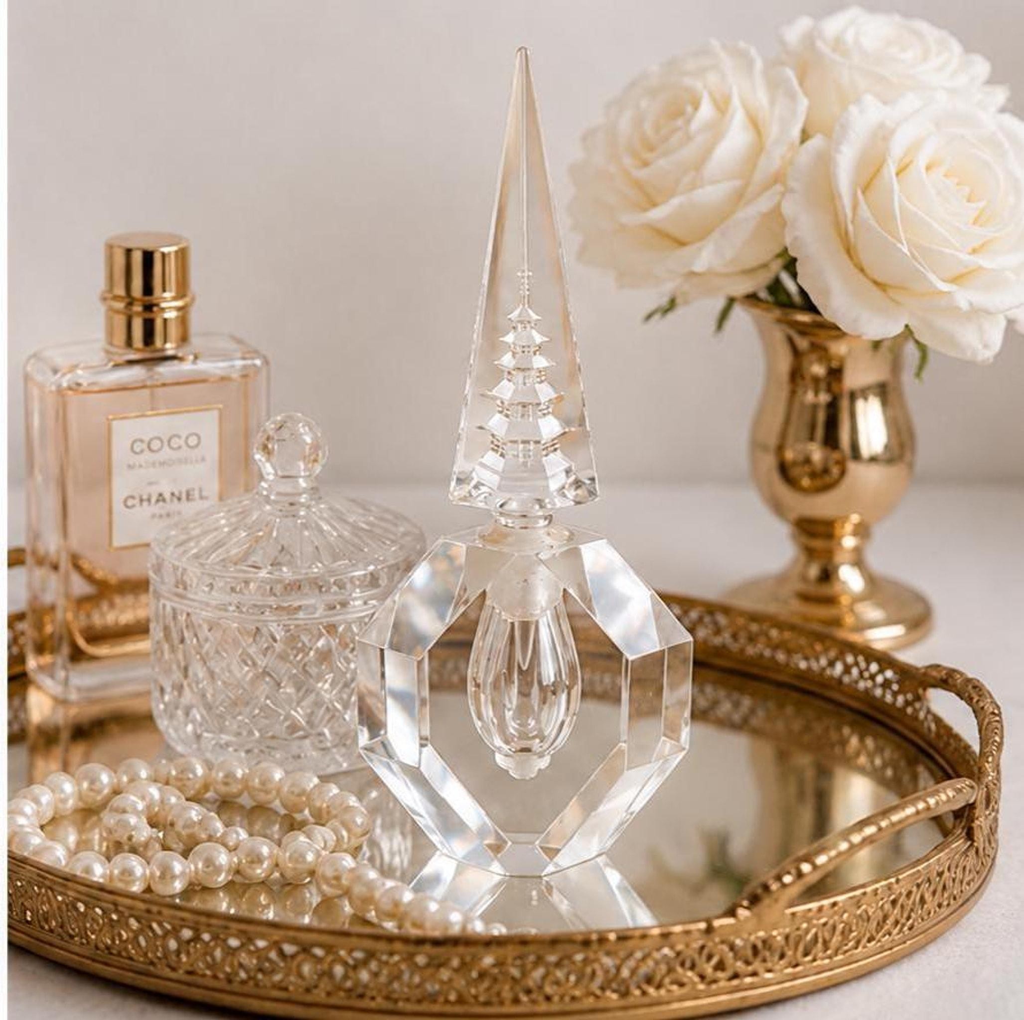Vintage Crystal Perfume Bottle with Obelisk Stopper, 1980s Geometric Cut Glass