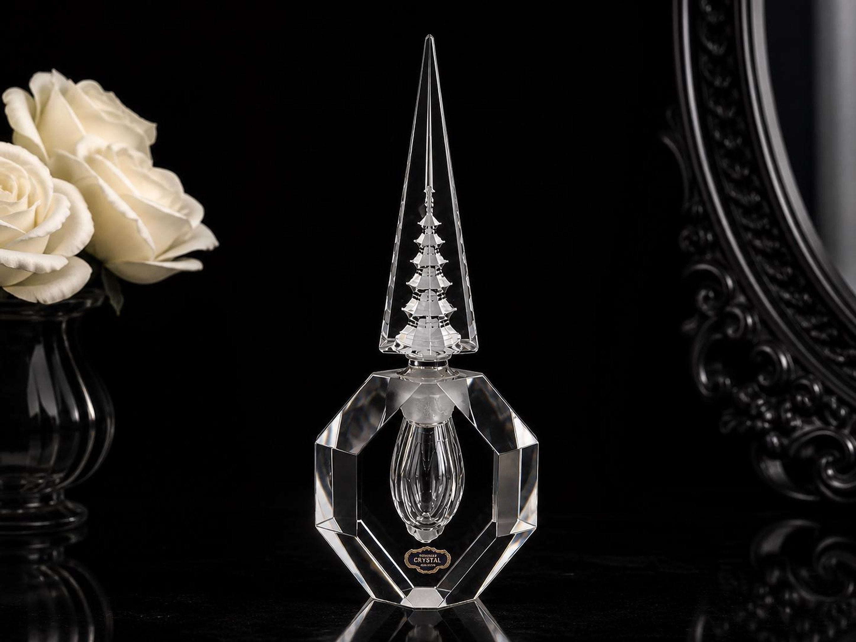 Vintage Crystal Perfume Bottle with Obelisk Stopper, 1980s Geometric Cut Glass, view 2