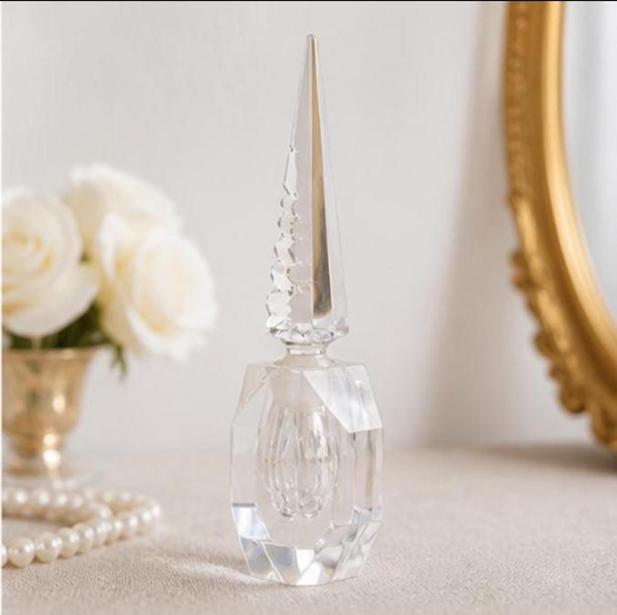Vintage Crystal Perfume Bottle with Obelisk Stopper, 1980s Geometric Cut Glass, view 4