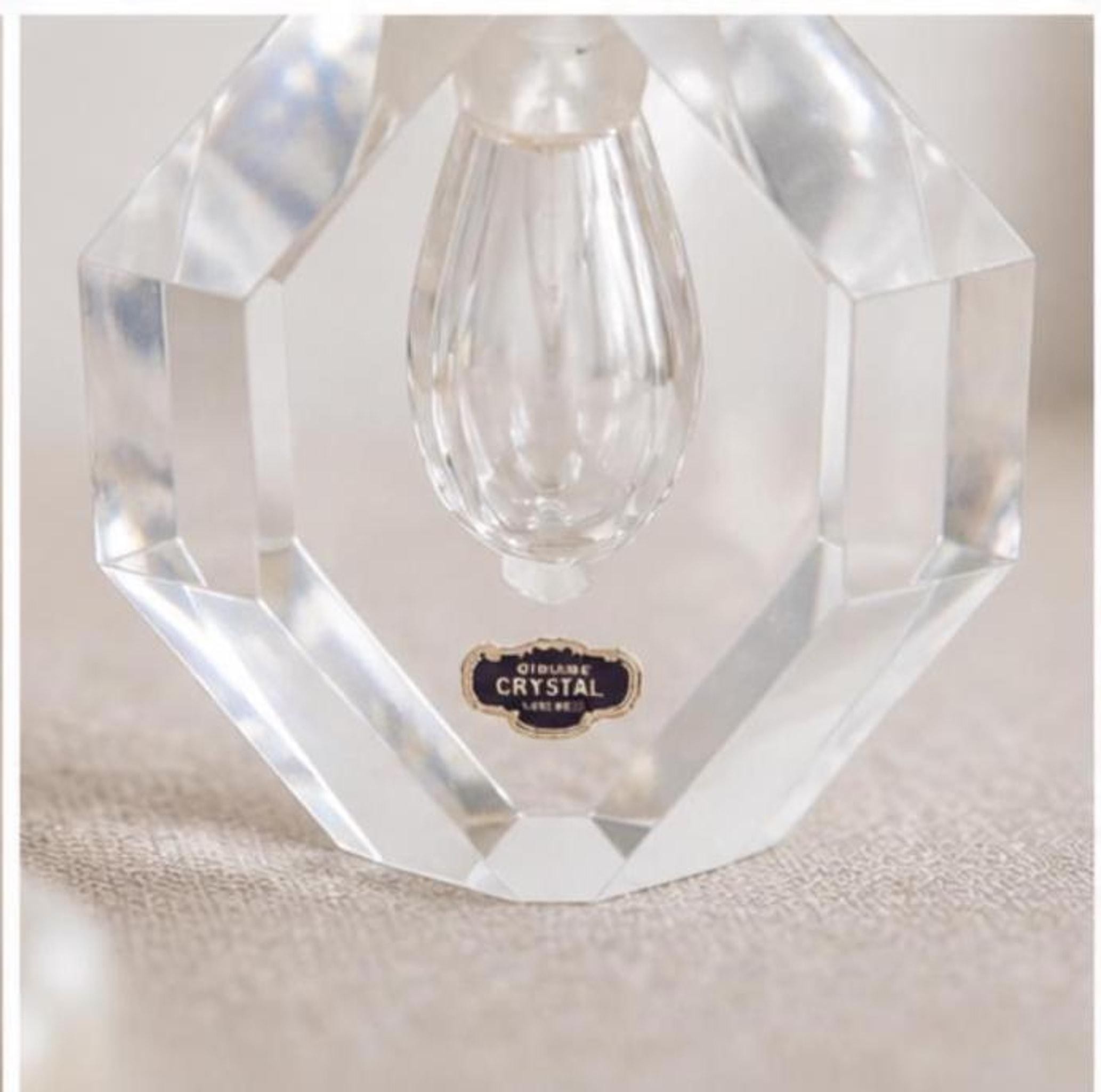 Vintage Crystal Perfume Bottle with Obelisk Stopper, 1980s Geometric Cut Glass, view 5