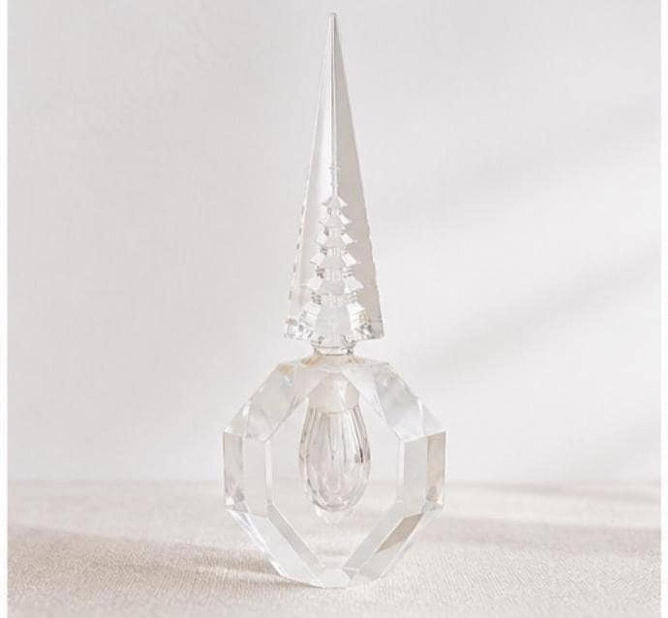 Vintage Crystal Perfume Bottle with Obelisk Stopper, 1980s Geometric Cut Glass, view 6