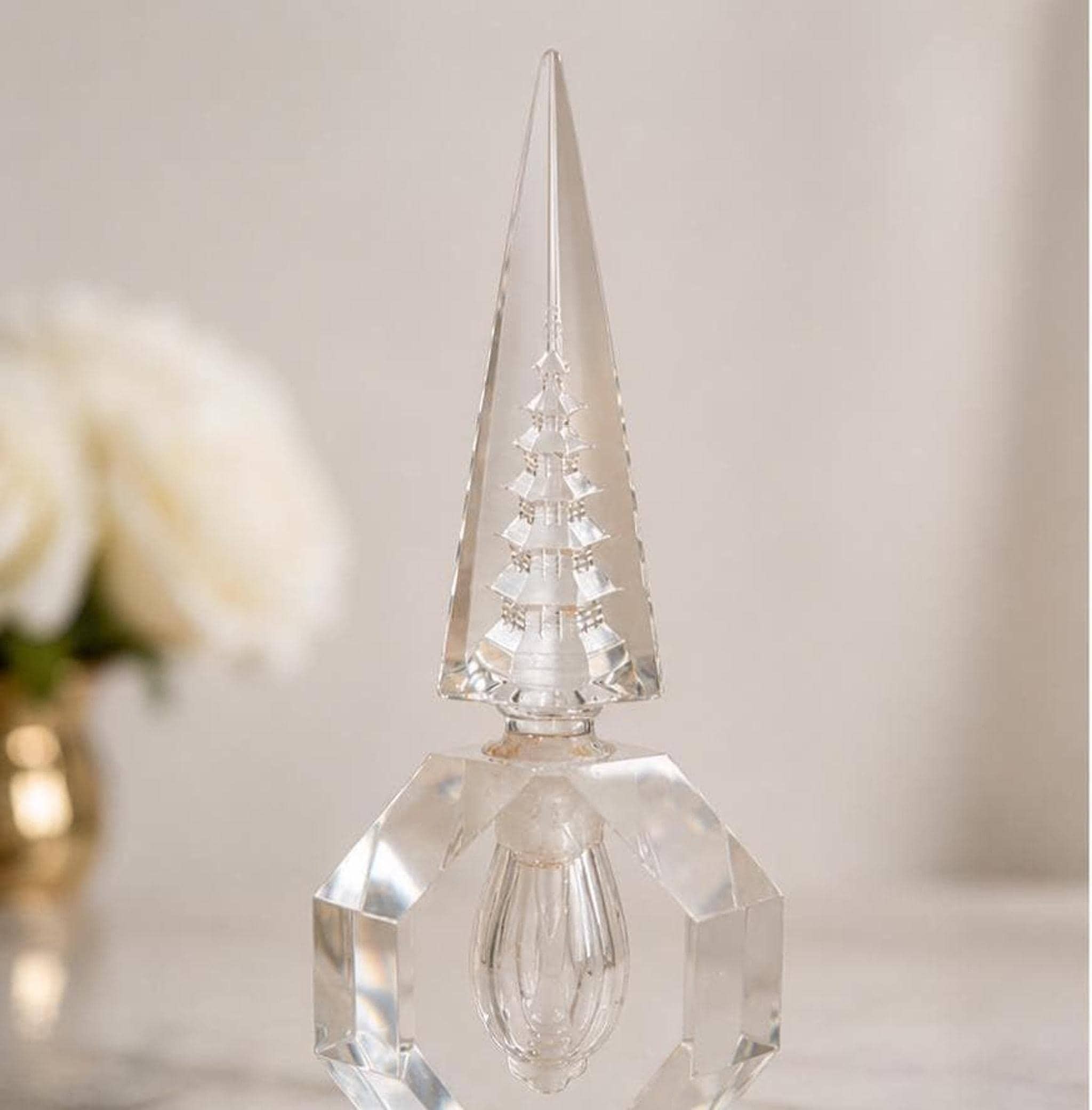 Vintage Crystal Perfume Bottle with Obelisk Stopper, 1980s Geometric Cut Glass, view 7