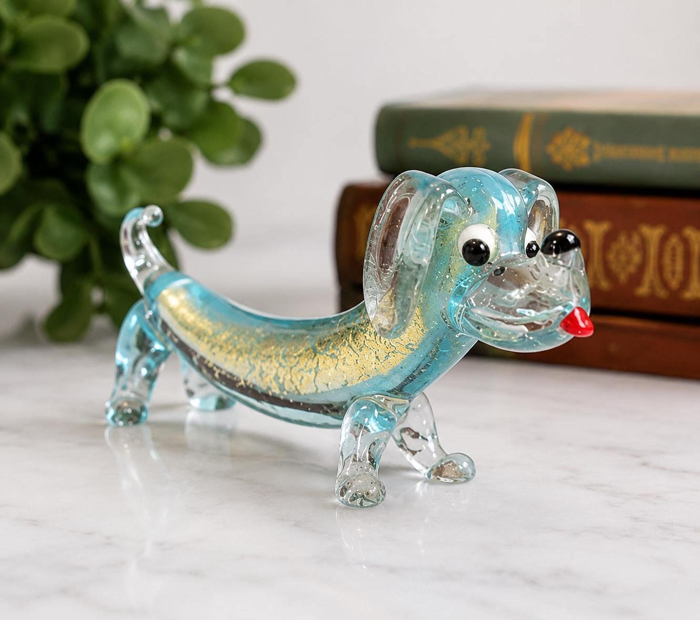 Vintage Murano Style Glass Dachshund Figurine, Blue Hand Blown Dog Sculpture, view 1