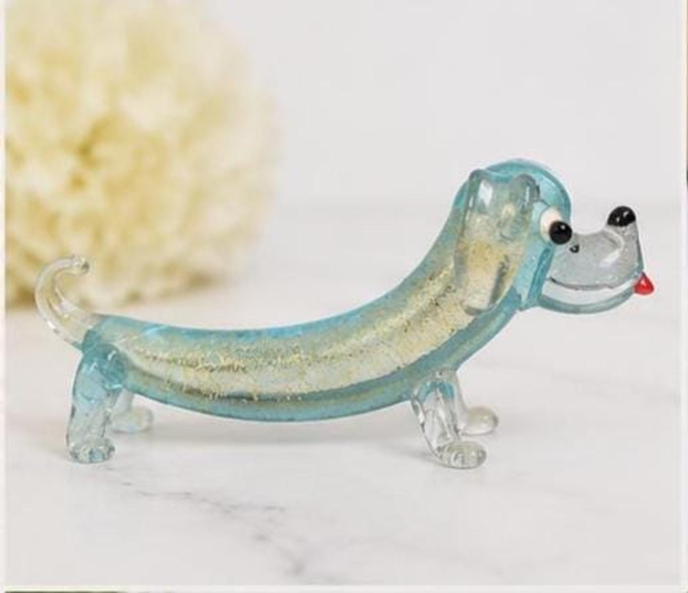 Vintage Murano Style Glass Dachshund Figurine, Blue Hand Blown Dog Sculpture, view 2