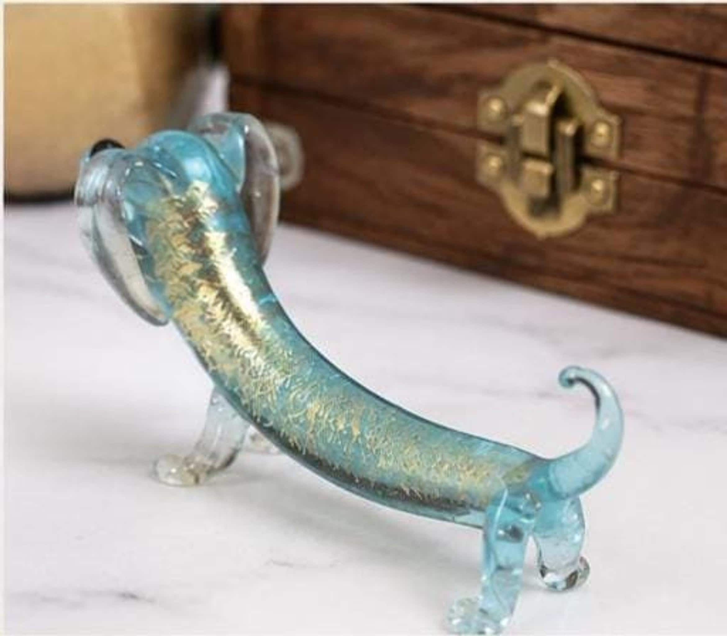 Vintage Murano Style Glass Dachshund Figurine, Blue Hand Blown Dog Sculpture, view 3