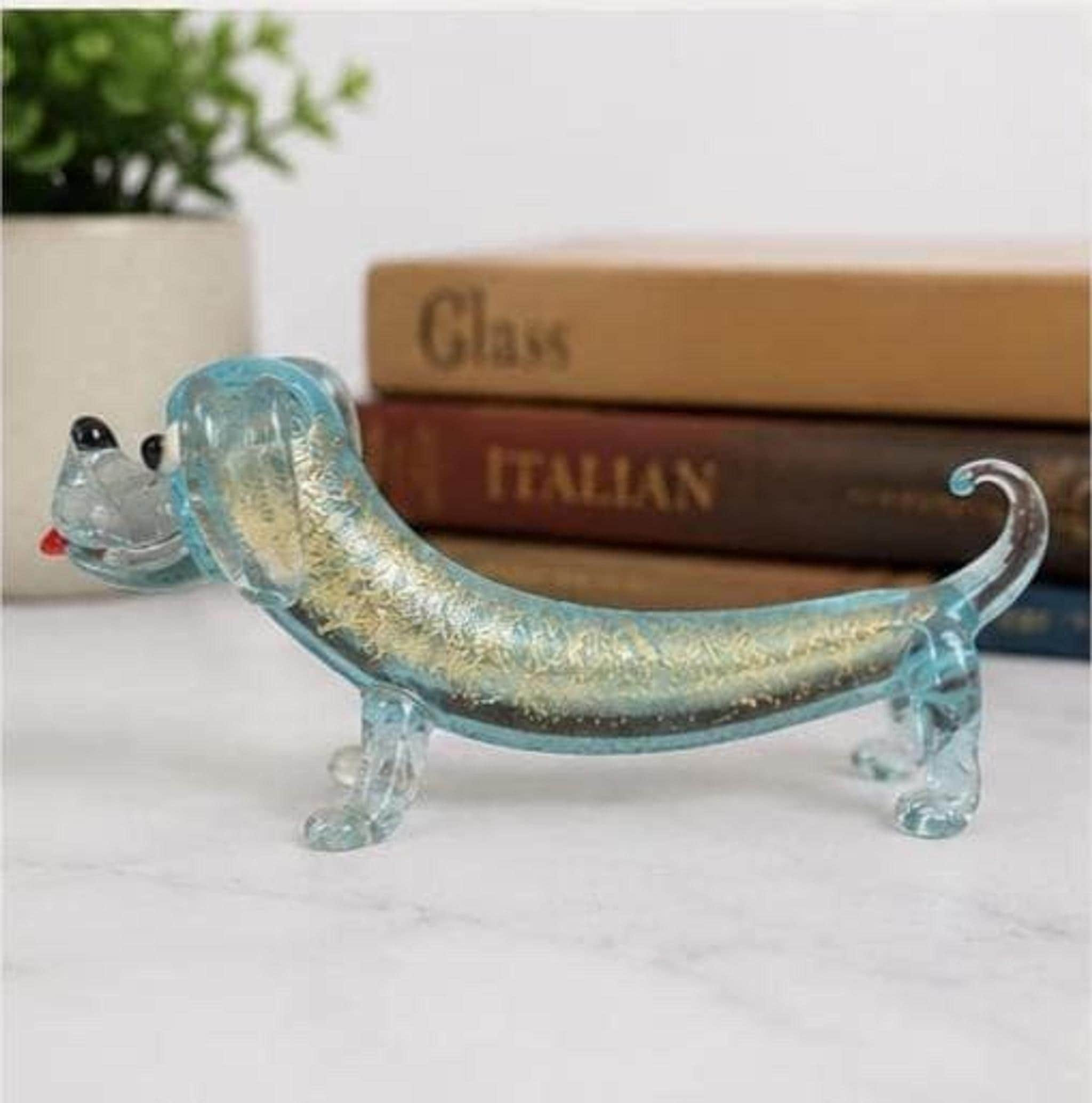 Vintage Murano Style Glass Dachshund Figurine, Blue Hand Blown Dog Sculpture, view 5