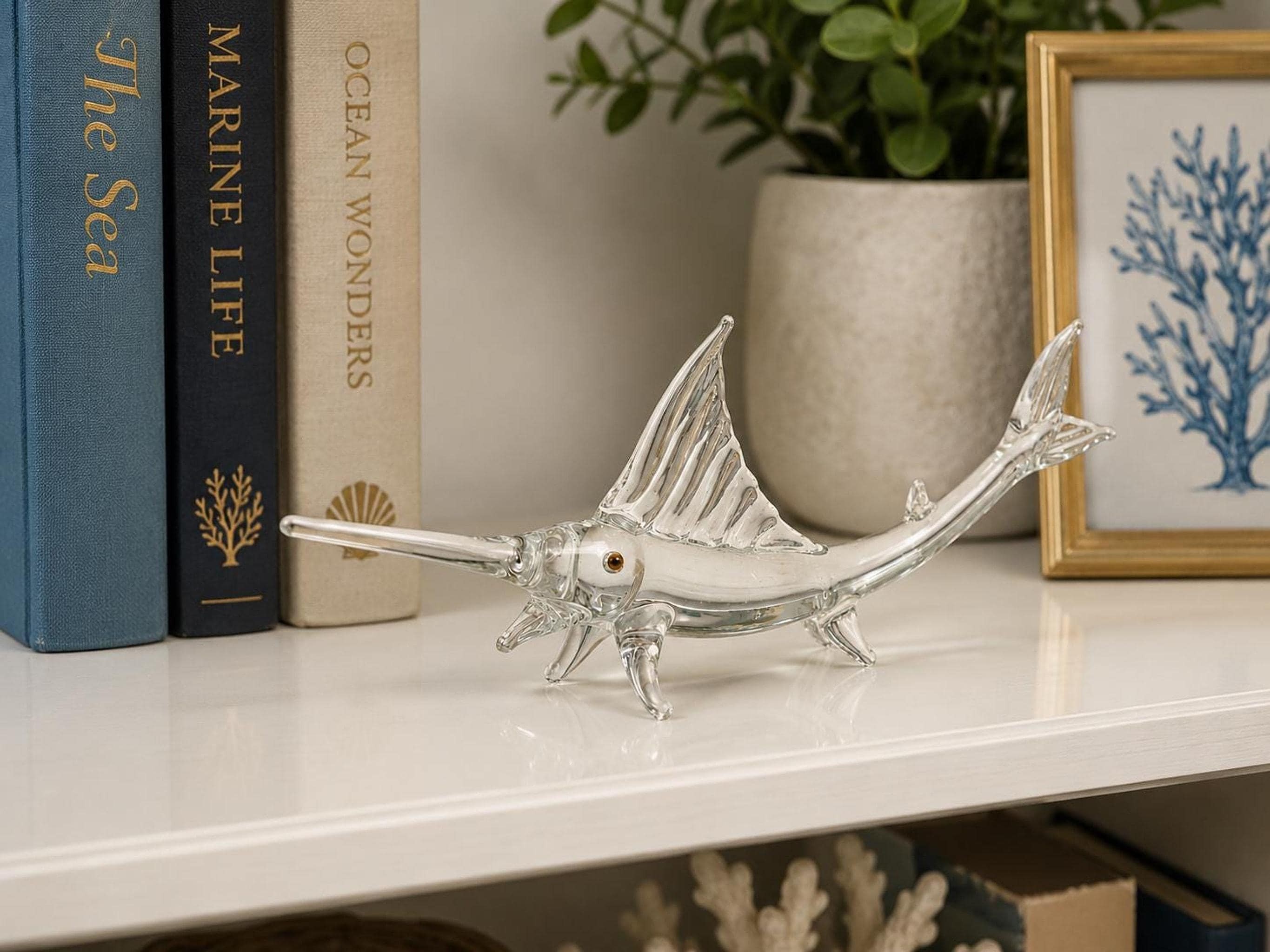 Glass Swordfish Figurine, Vintage Hand Blown Ocean Art Sculpture, view 2