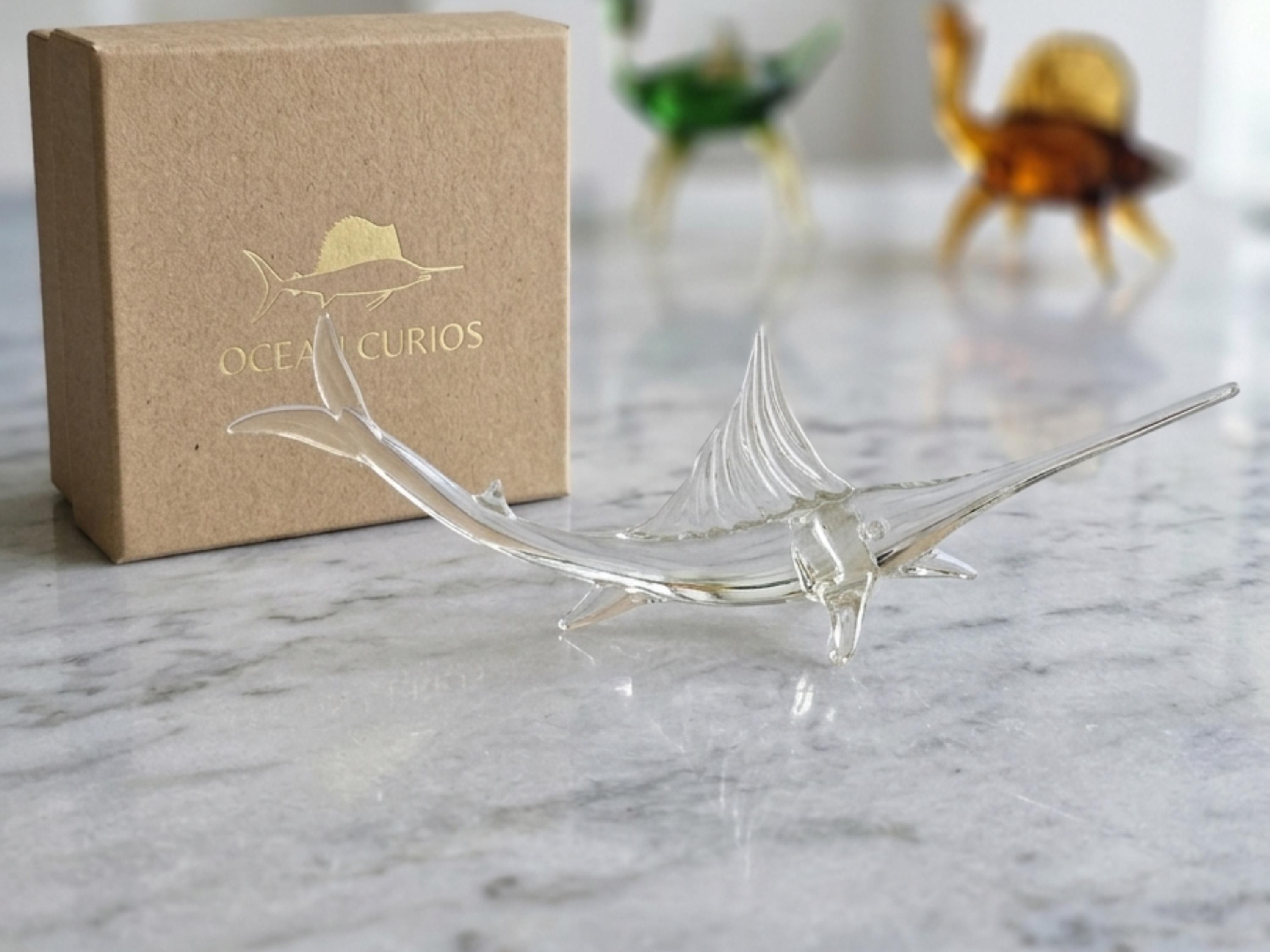 Glass Swordfish Figurine, Vintage Hand Blown Ocean Art Sculpture, view 5