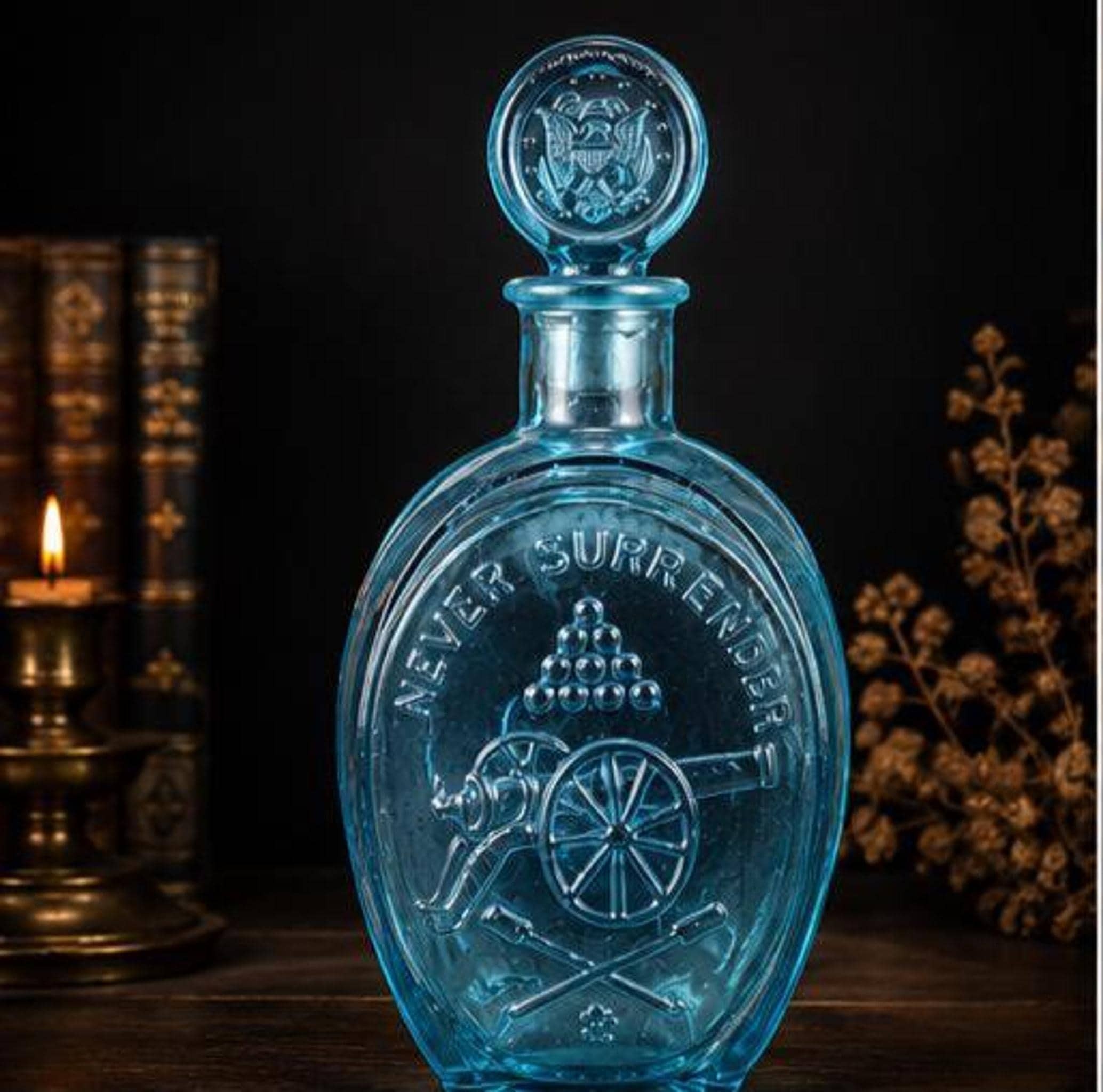 Ezra Brooks Decanter, Vintage Sapphire Blue Glass Bottle with Eagle Motif, view 2