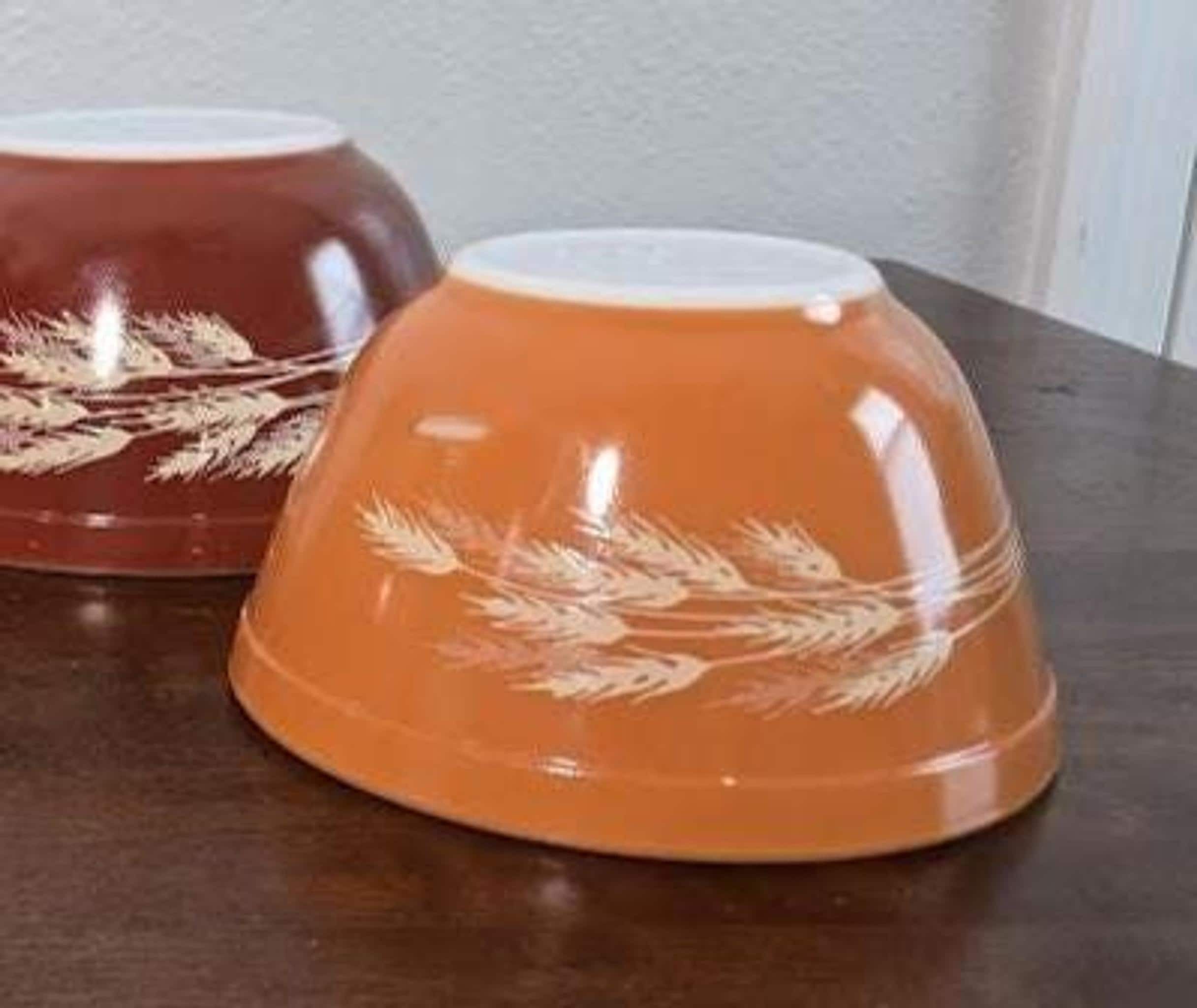 Vintage Pyrex Autumn Harvest Nesting Bowl Set | Orange Brown Wheat Pattern, view 8