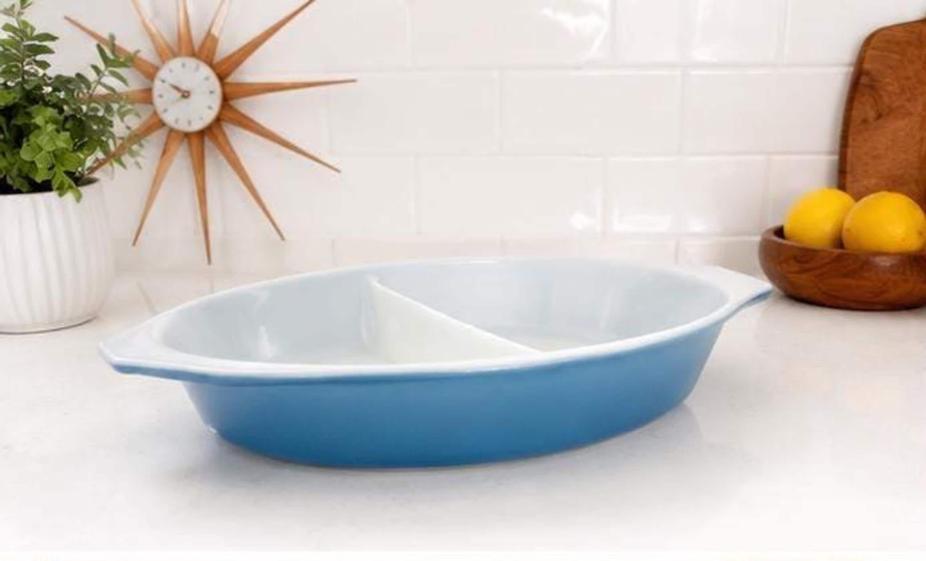 Vintage Pyrex Divided Serving Dish, Mid Century Blue Bakeware, view 5