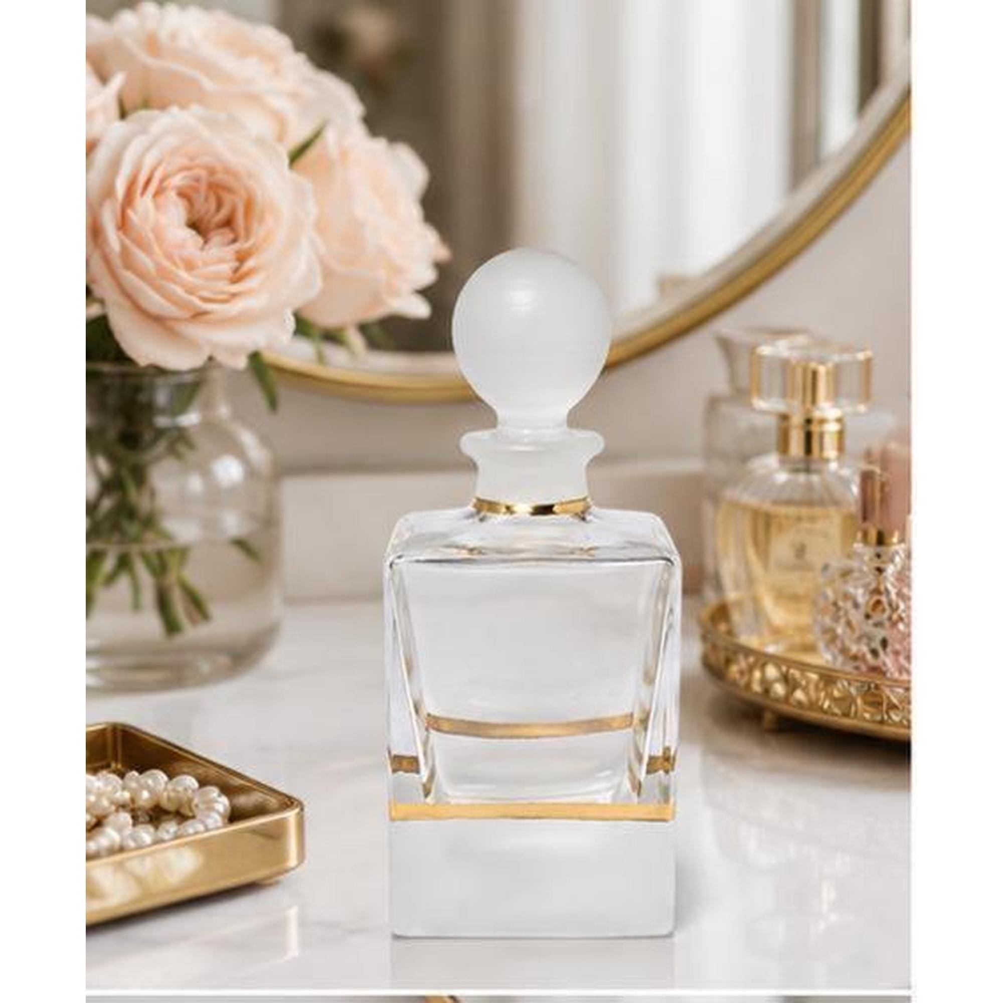 Vintage Perfume Bottle with Frosted Stopper and Gold Trim, 1970s Crystal Decor