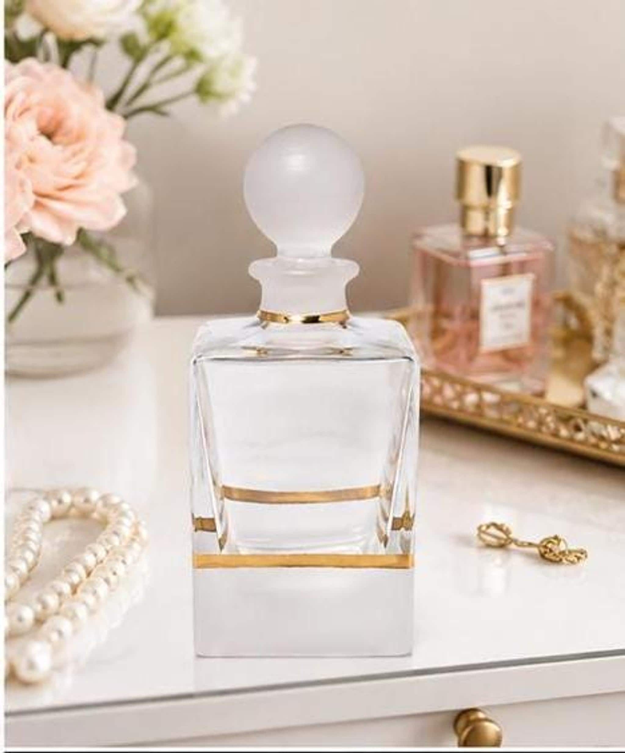 Vintage Perfume Bottle with Frosted Stopper and Gold Trim, 1970s Crystal Decor, view 3